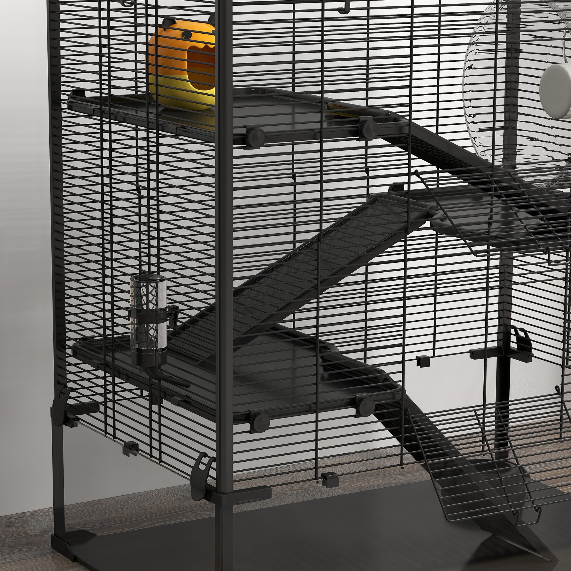 Hamster Cage for Dwarf Hamsters, 4-Level Rodent Cage with Glass Bottom, Hut, Wheel, Ramps, Feeding Bowl, Small Animal Cage for Dwarf Hamsters 78.5 x 48.5 x 80 cm Black