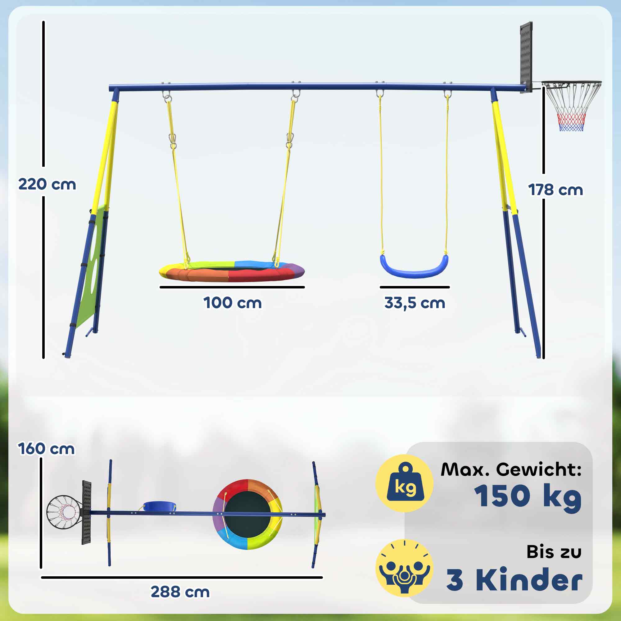 4-in-1 Kids Swing Set – Steel A-Frame, Nest Disc Swing, Single Seat, Basketball Hoop & Soccer Goal, Adjustable Ropes, Fits Children Ages 3–8, 113.4 x 63.0 x 86.6 in (288 x 160 x 220 cm)