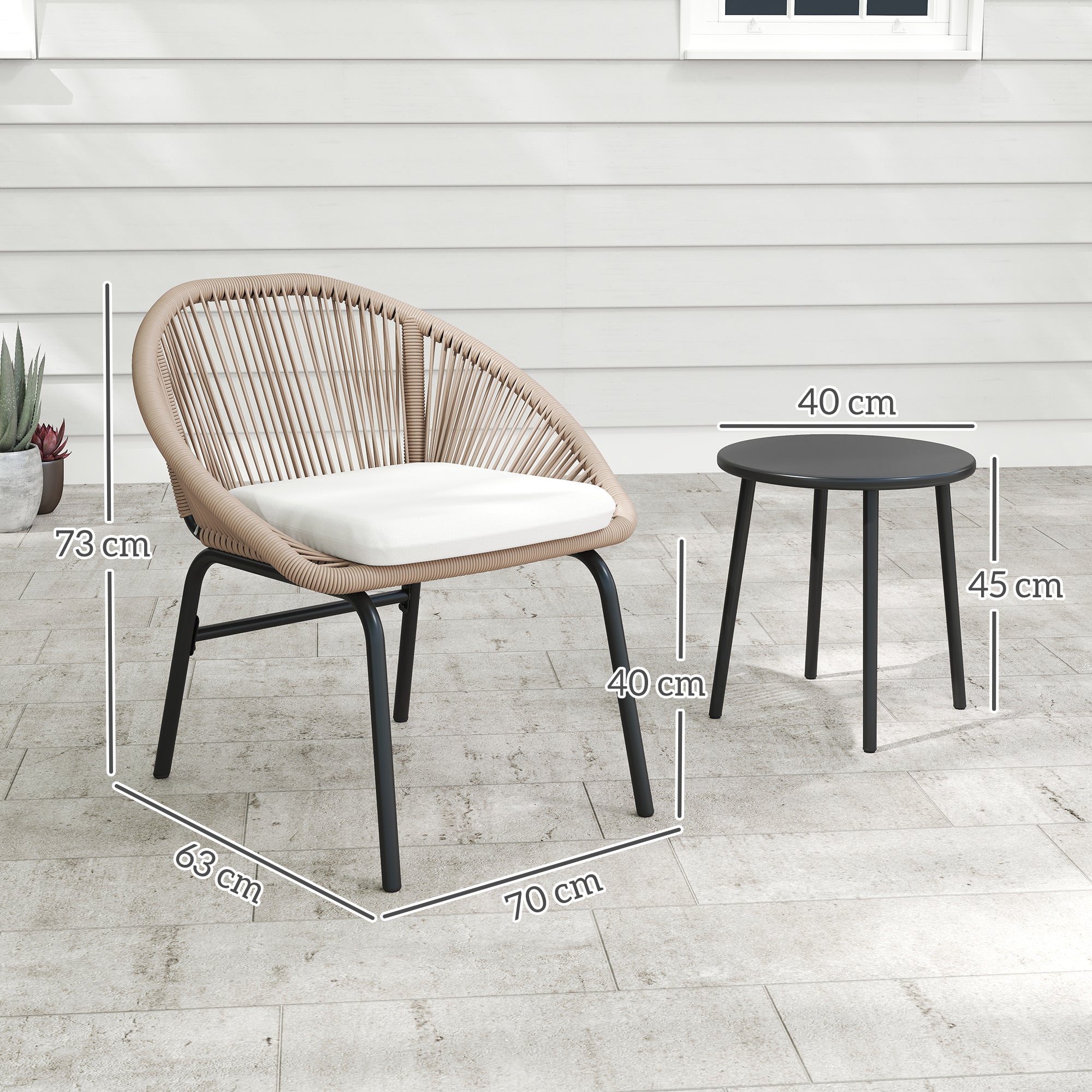 3-piece outdoor furniture set for 2 people with soft seat cushions with braided resin rope and epoxy-coated steel in khaki