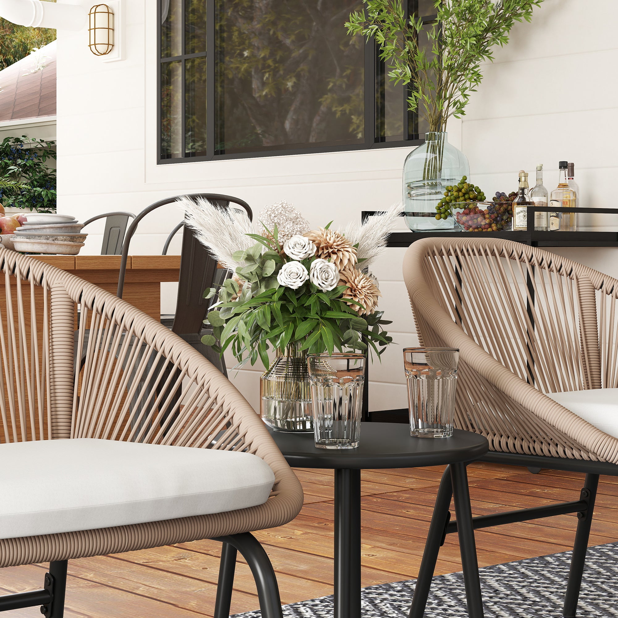 3-piece outdoor furniture set for 2 people with soft seat cushions with braided resin rope and epoxy-coated steel in khaki