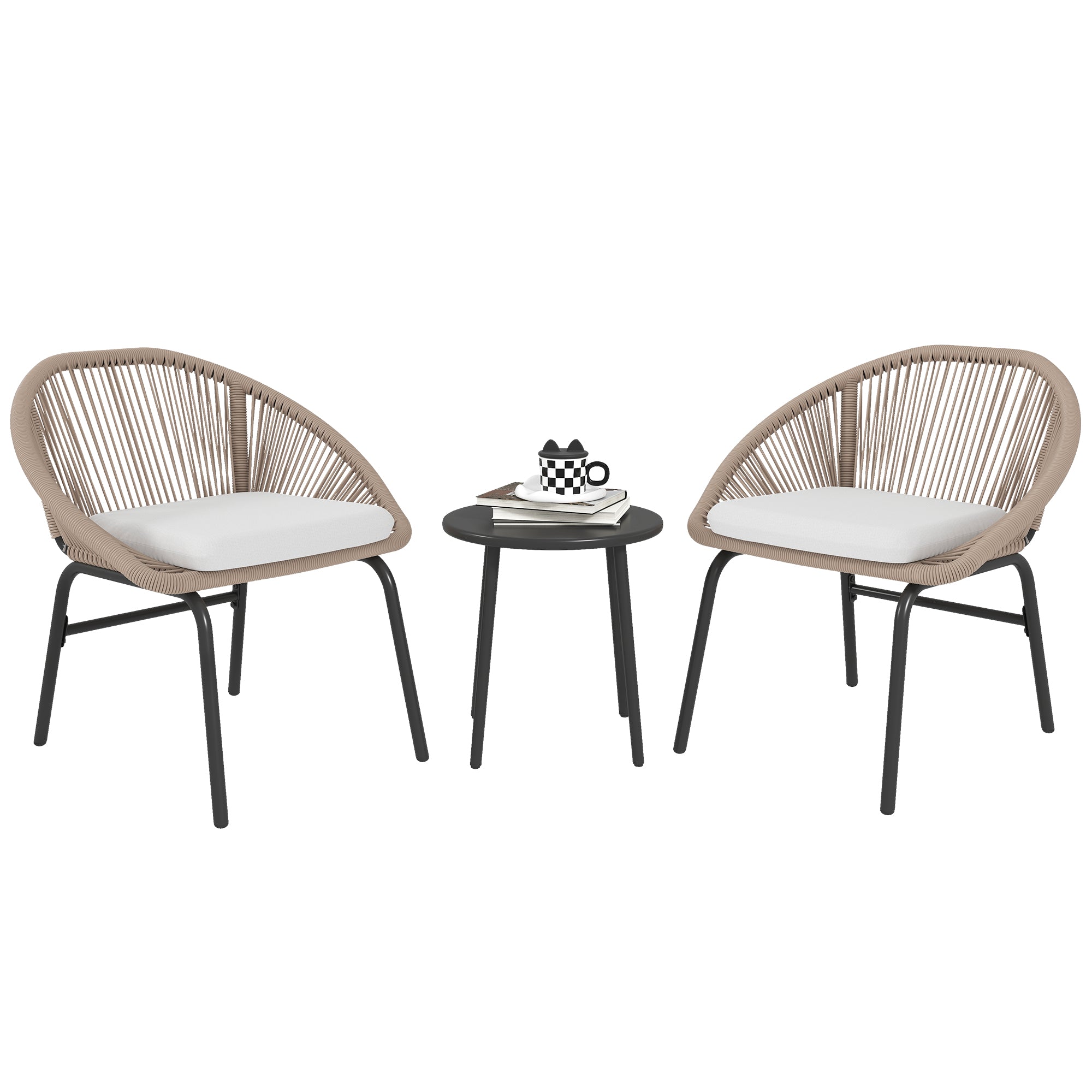 3-piece outdoor furniture set for 2 people with soft seat cushions with braided resin rope and epoxy-coated steel in khaki