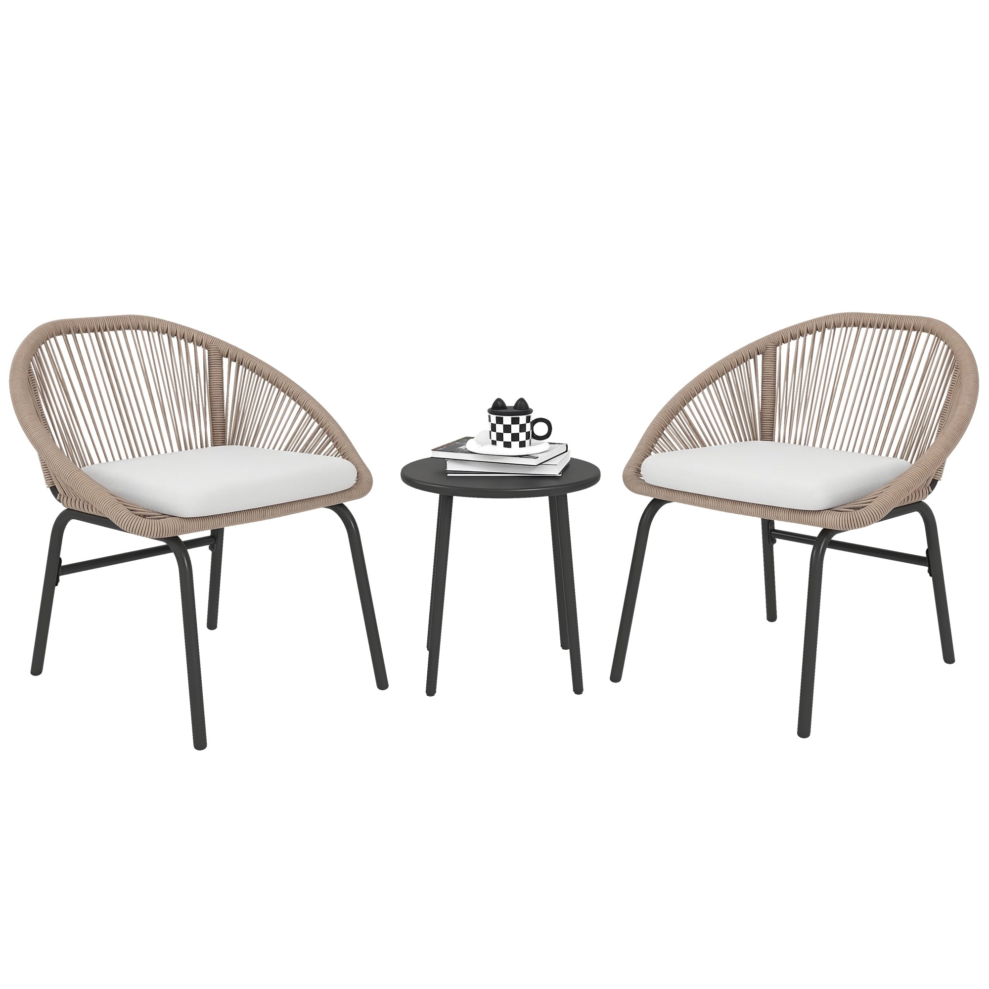 3-piece outdoor furniture set for 2 people with soft seat cushions with braided resin rope and epoxy-coated steel in khaki