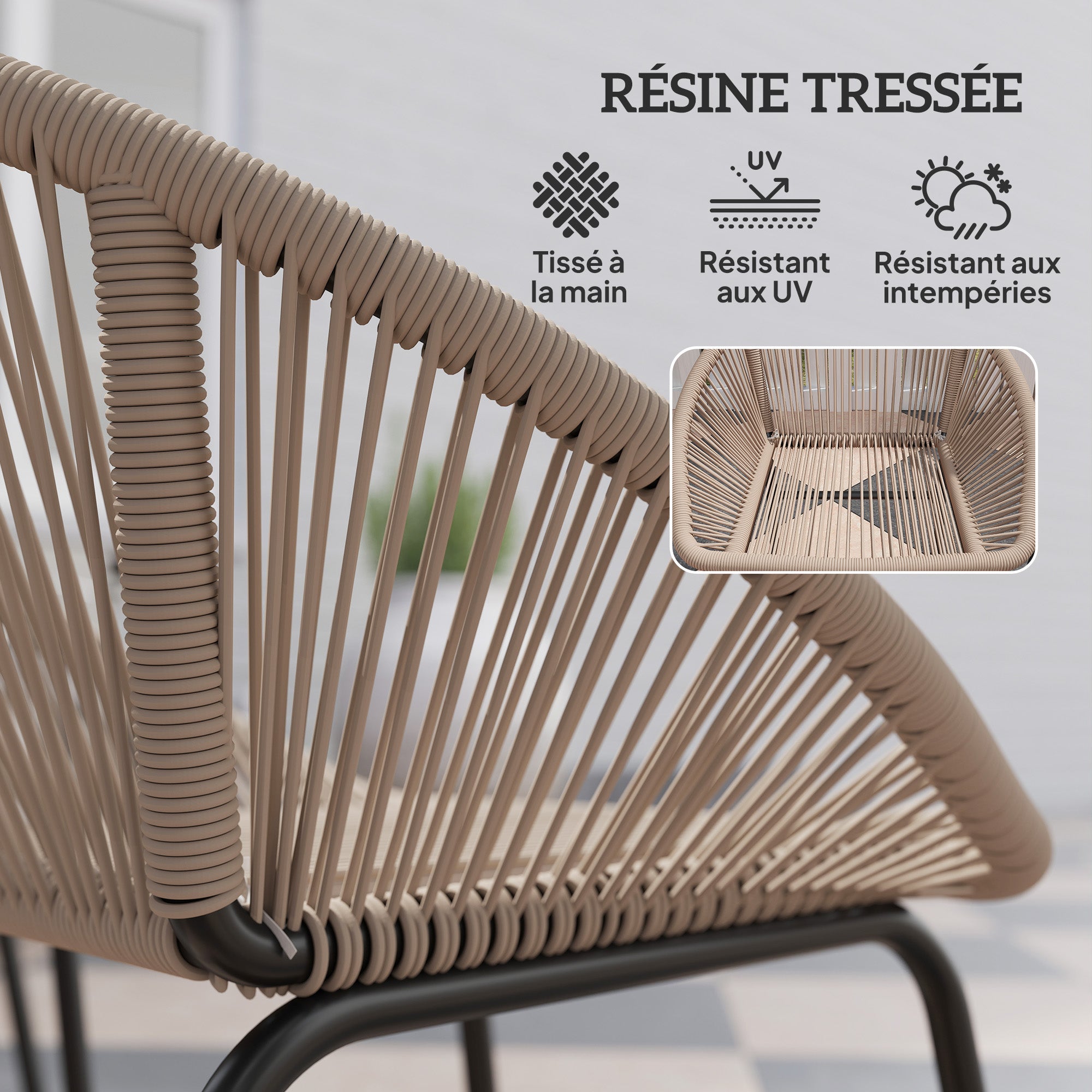 3-piece outdoor furniture set for 2 people with soft seat cushions with braided resin rope and epoxy-coated steel in khaki