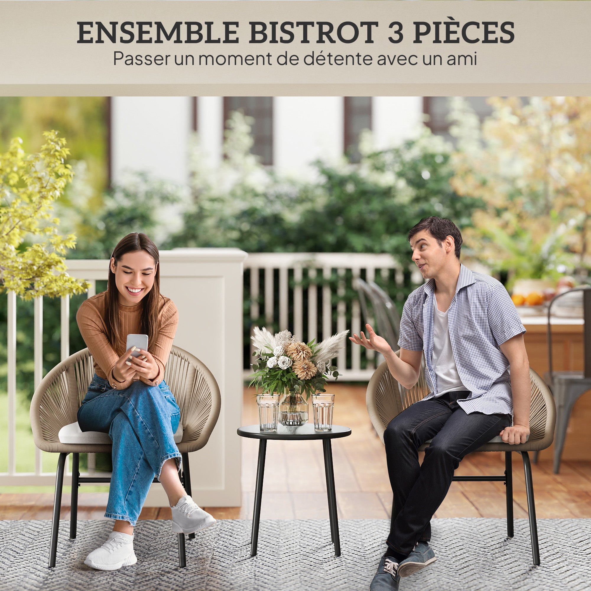 3-piece outdoor furniture set for 2 people with soft seat cushions with braided resin rope and epoxy-coated steel in khaki