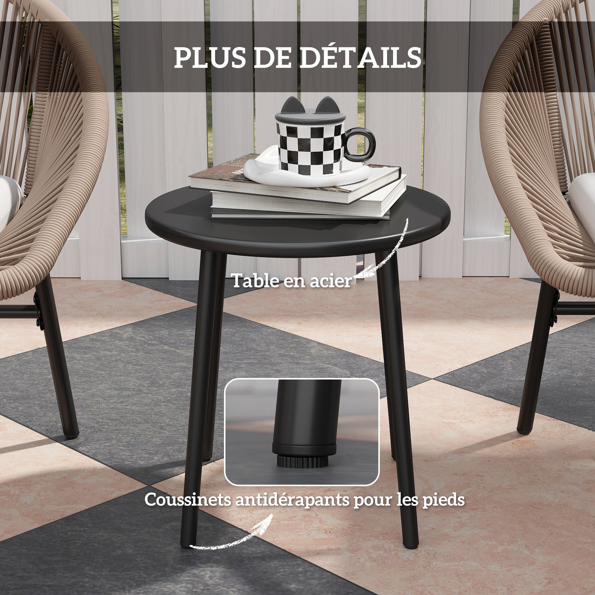 3-piece outdoor furniture set for 2 people with soft seat cushions with braided resin rope and epoxy-coated steel in khaki