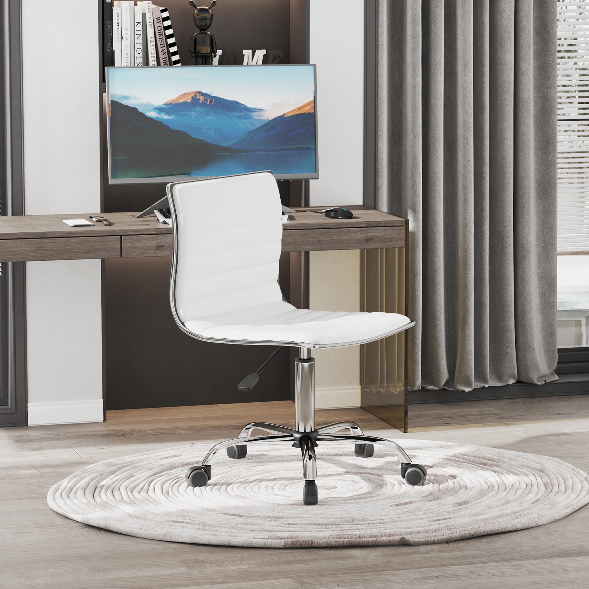 Home Office Chair Desk Chair in Faux Leather Adjustable Height Swivel Chair up to 120 kg Load Capacity, Makeup Chair for Study, Bedroom, White