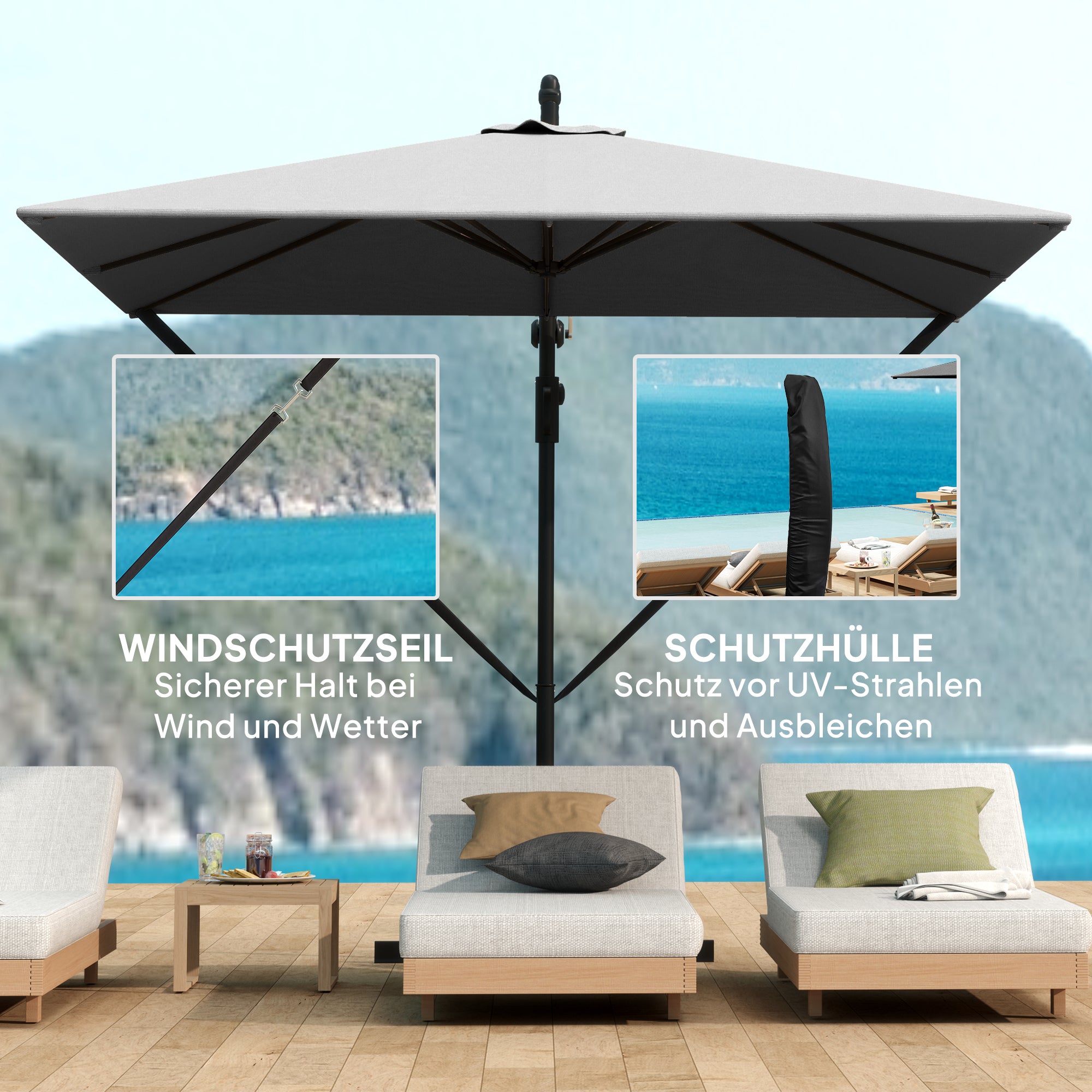 Offset Patio Umbrella Ø260 cm Sunshade with UV Protection 50+ Water-Resistant Crank Umbrella with Stand, Cover, Crank, Windproof System, Market Umbrella Tiltable Garden Umbrella for Balcony Terrace Gray