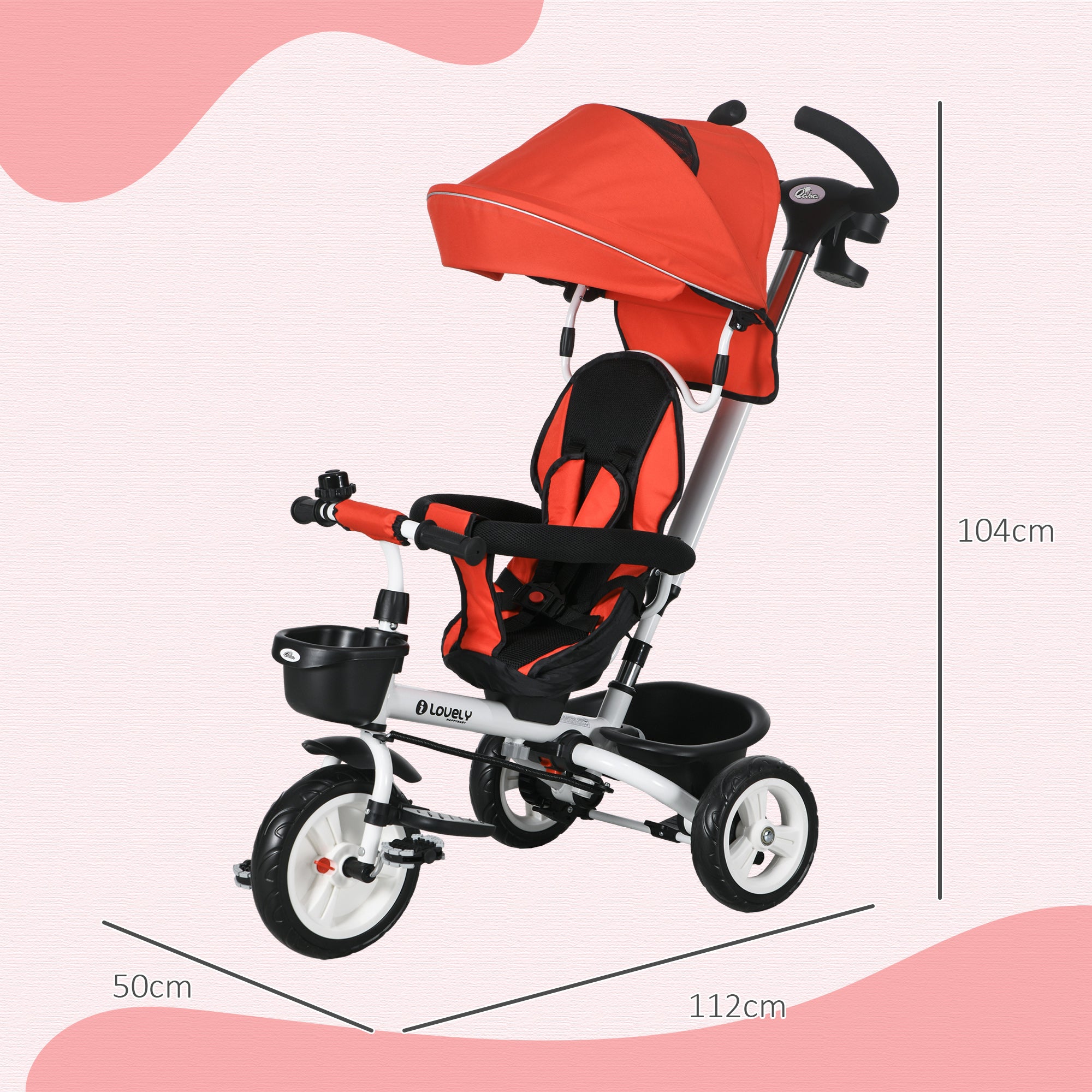 Foldable Evolutive Tricycle for Babies 2 in 1 for Children 12-60 Months with Foldable Canopy Telescopic Push Handle Footrest Safety Belt and Baskets Red