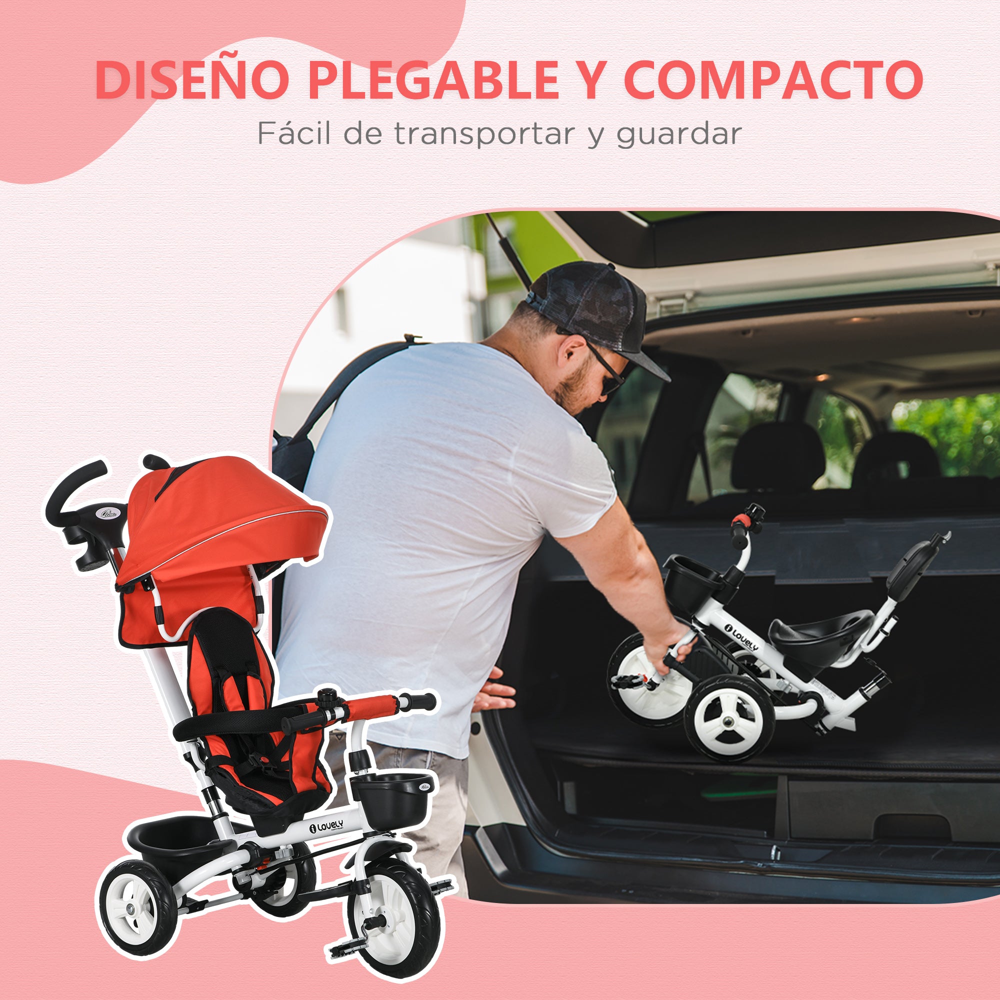 Foldable Evolutive Tricycle for Babies 2 in 1 for Children 12-60 Months with Foldable Canopy Telescopic Push Handle Footrest Safety Belt and Baskets Red