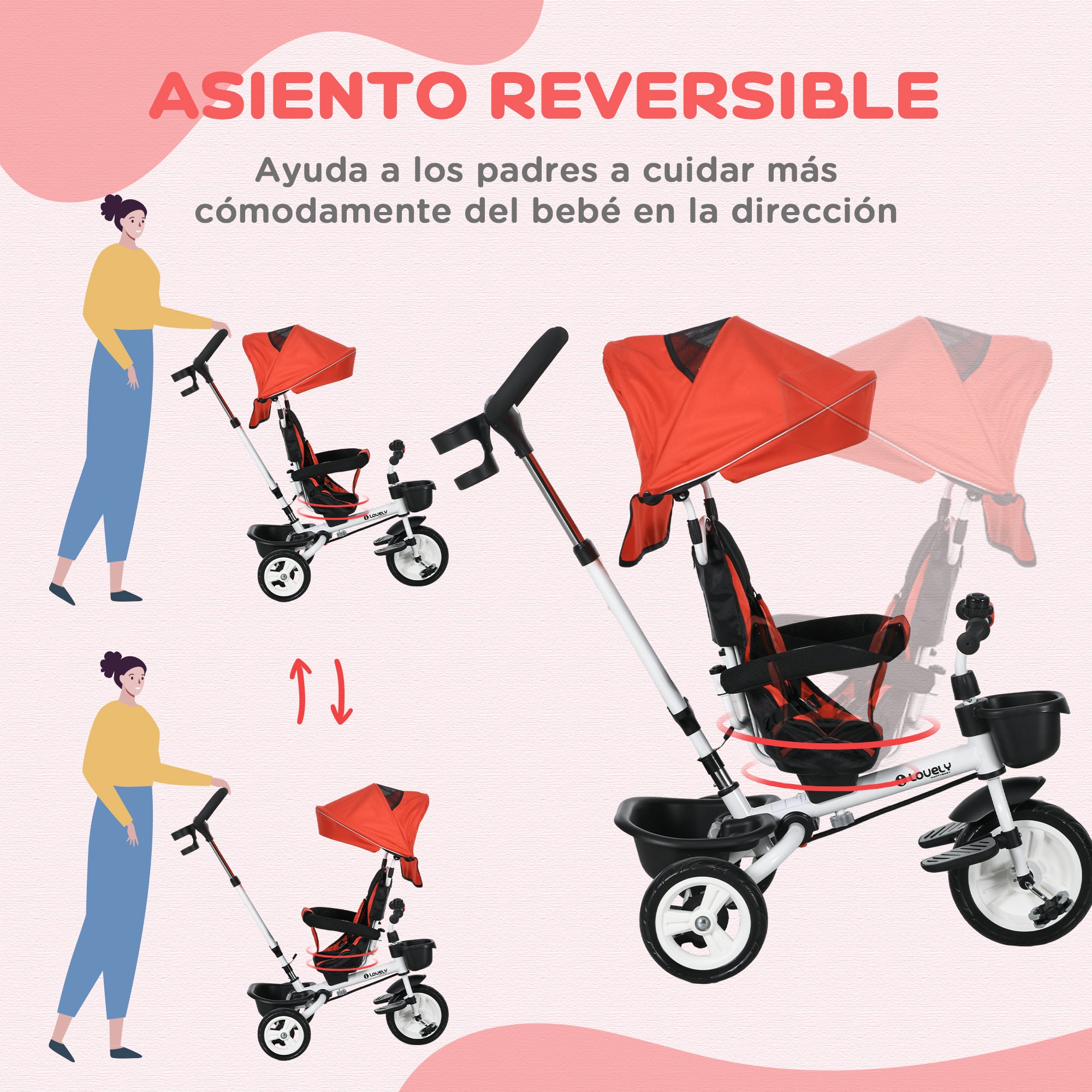 Foldable Evolutive Tricycle for Babies 2 in 1 for Children 12-60 Months with Foldable Canopy Telescopic Push Handle Footrest Safety Belt and Baskets Red