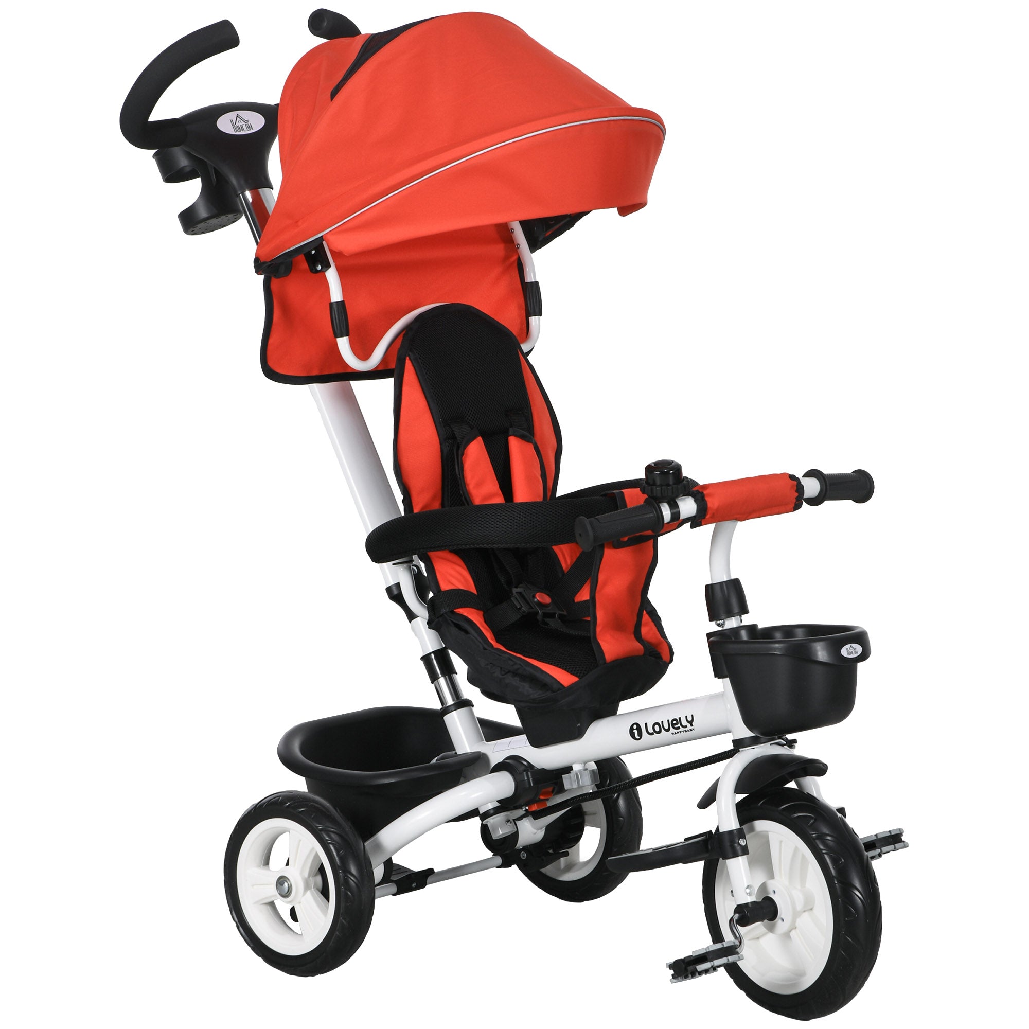 Foldable Evolutive Tricycle for Babies 2 in 1 for Children 12-60 Months with Foldable Canopy Telescopic Push Handle Footrest Safety Belt and Baskets Red