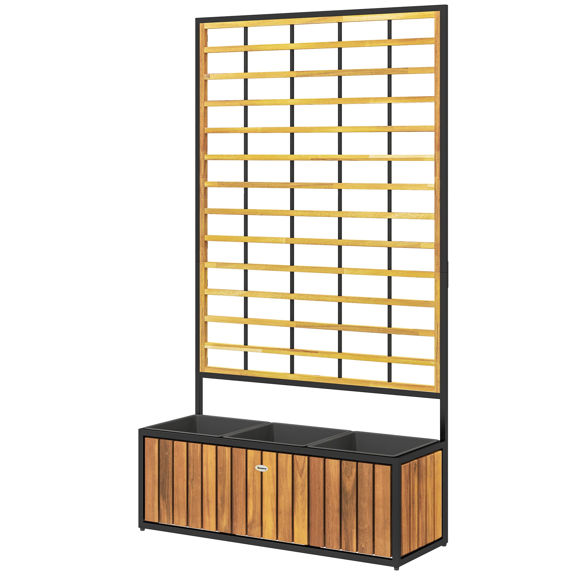 Planter with Trellis, Raised Garden Bed, Outdoor Flower Box with Drainage Holes, Teak Acacia Wood and Steel for Balcony Patio, 74 x 27 x 131 cm