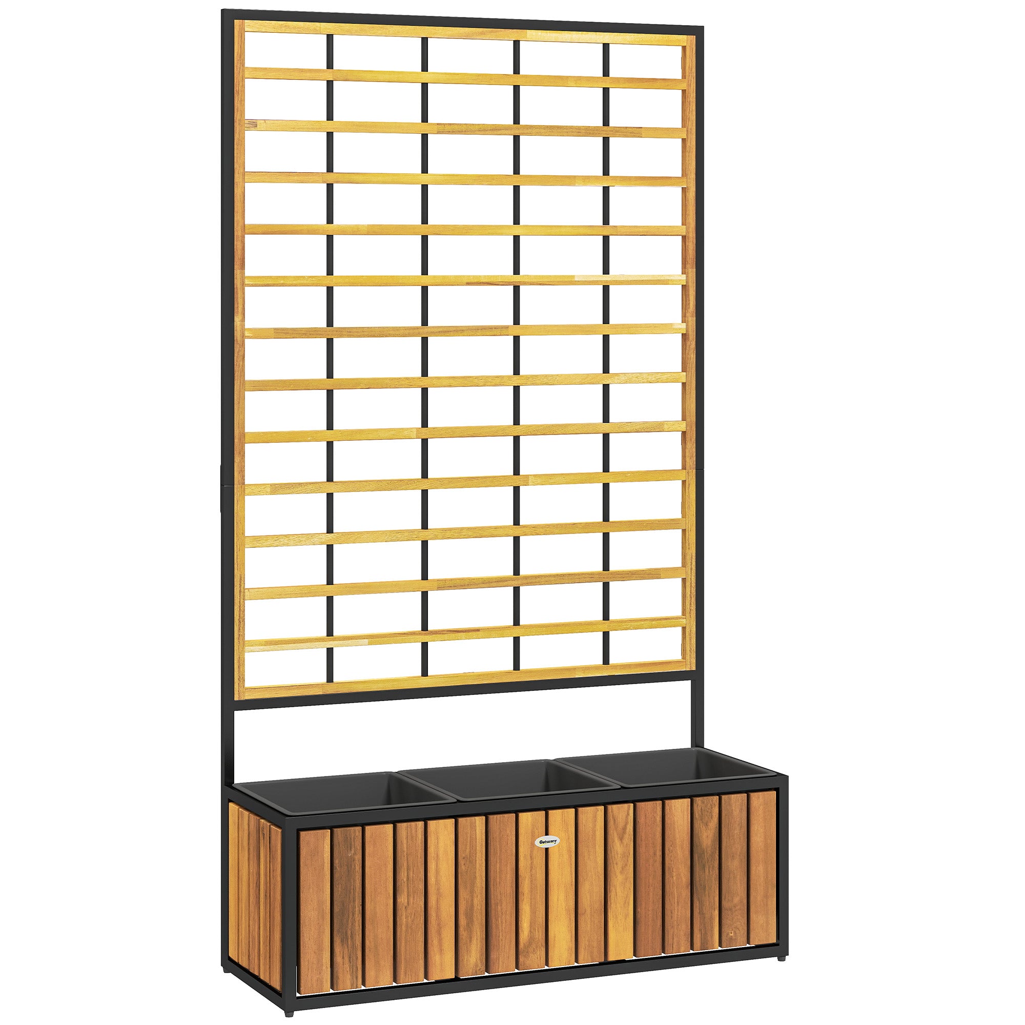 Planter with Trellis, Raised Garden Bed, Outdoor Flower Box with Drainage Holes, Teak Acacia Wood and Steel for Balcony Patio, 74 x 27 x 131 cm