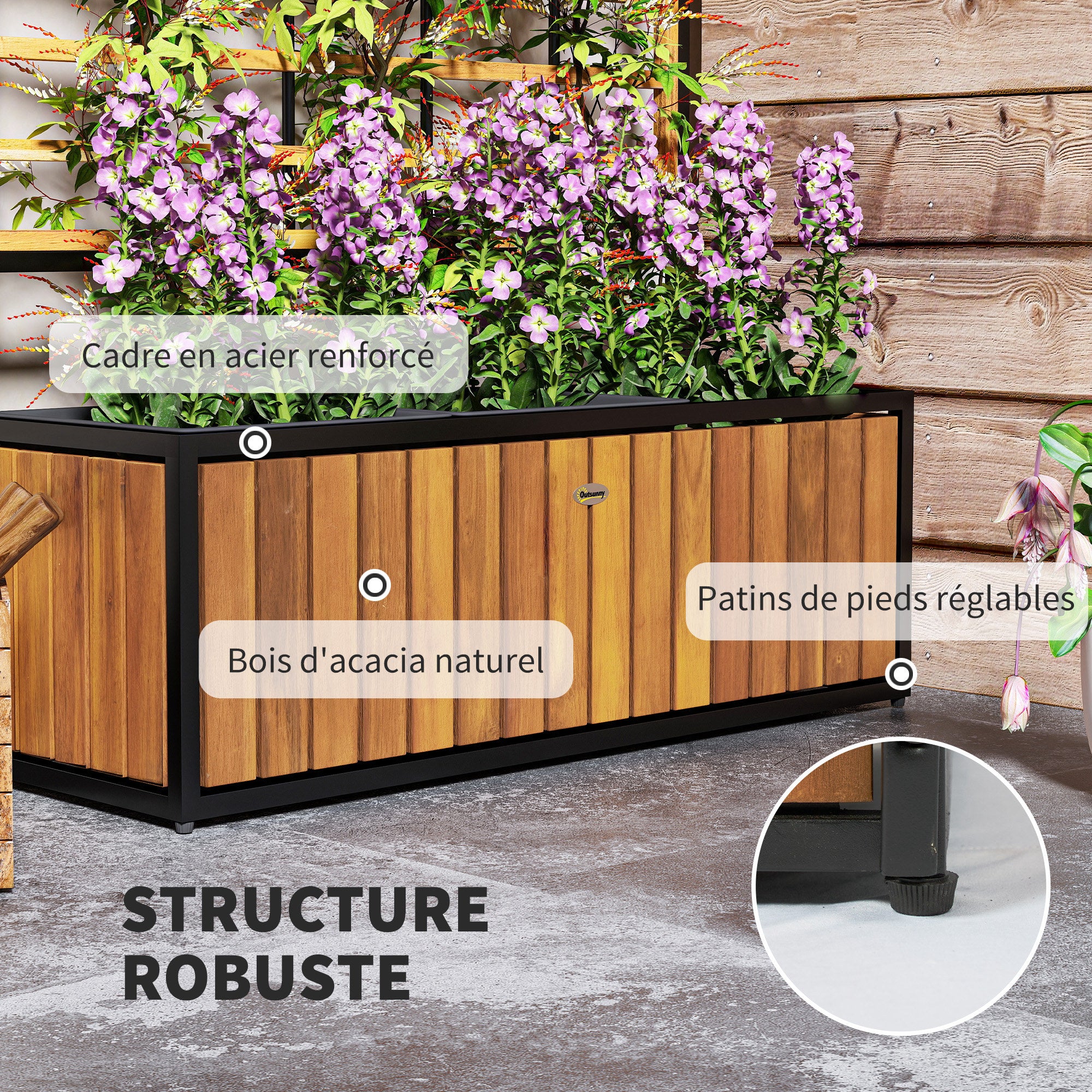 Planter with Trellis, Raised Garden Bed, Outdoor Flower Box with Drainage Holes, Teak Acacia Wood and Steel for Balcony Patio, 74 x 27 x 131 cm