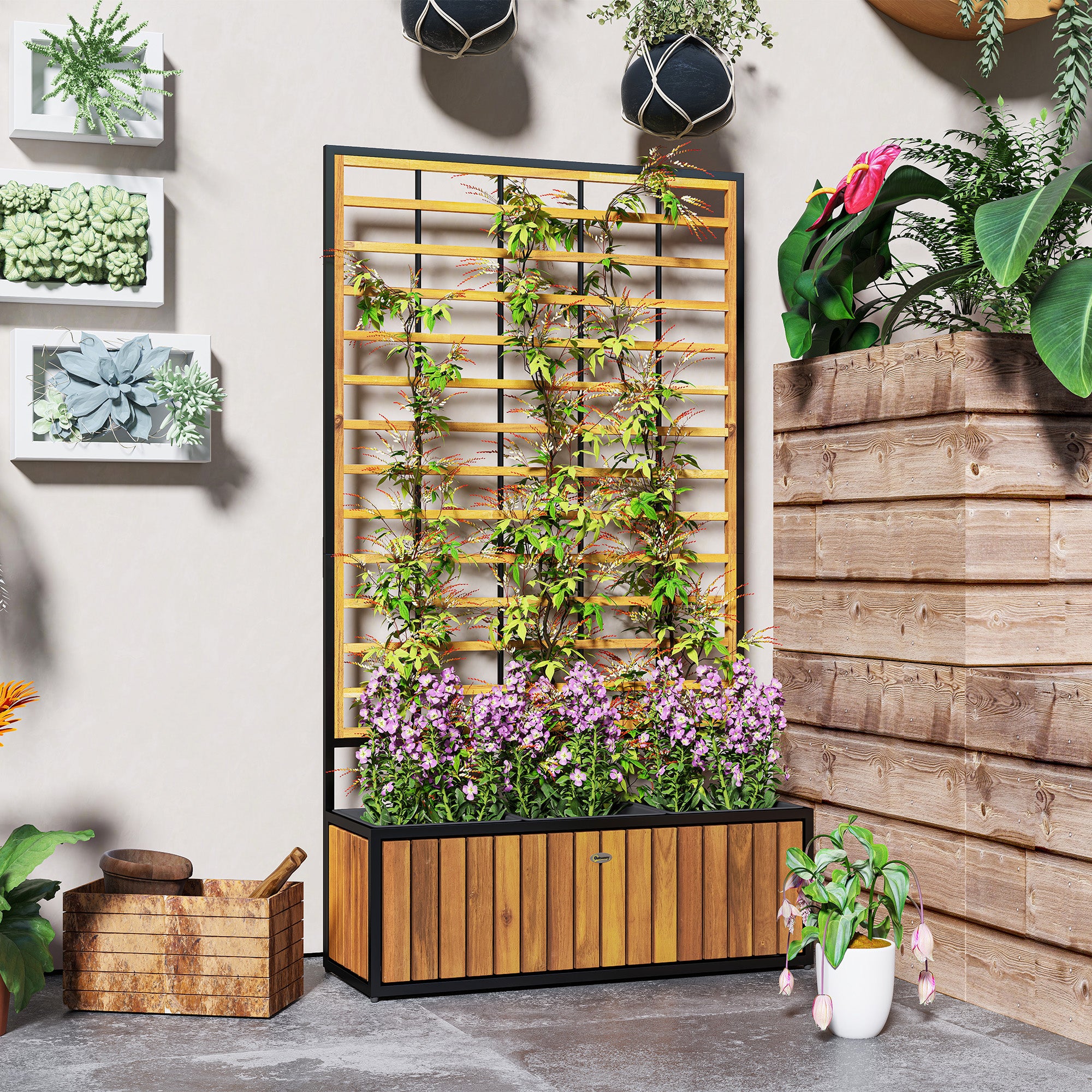 Planter with Trellis, Raised Garden Bed, Outdoor Flower Box with Drainage Holes, Teak Acacia Wood and Steel for Balcony Patio, 74 x 27 x 131 cm