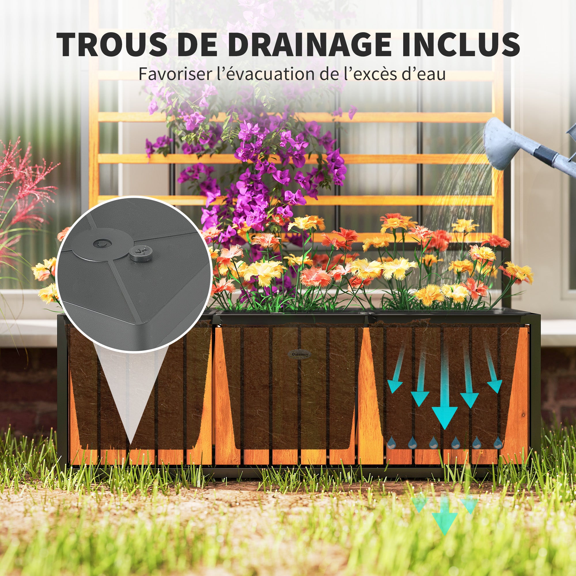 Planter with Trellis, Raised Garden Bed, Outdoor Flower Box with Drainage Holes, Teak Acacia Wood and Steel for Balcony Patio, 74 x 27 x 131 cm