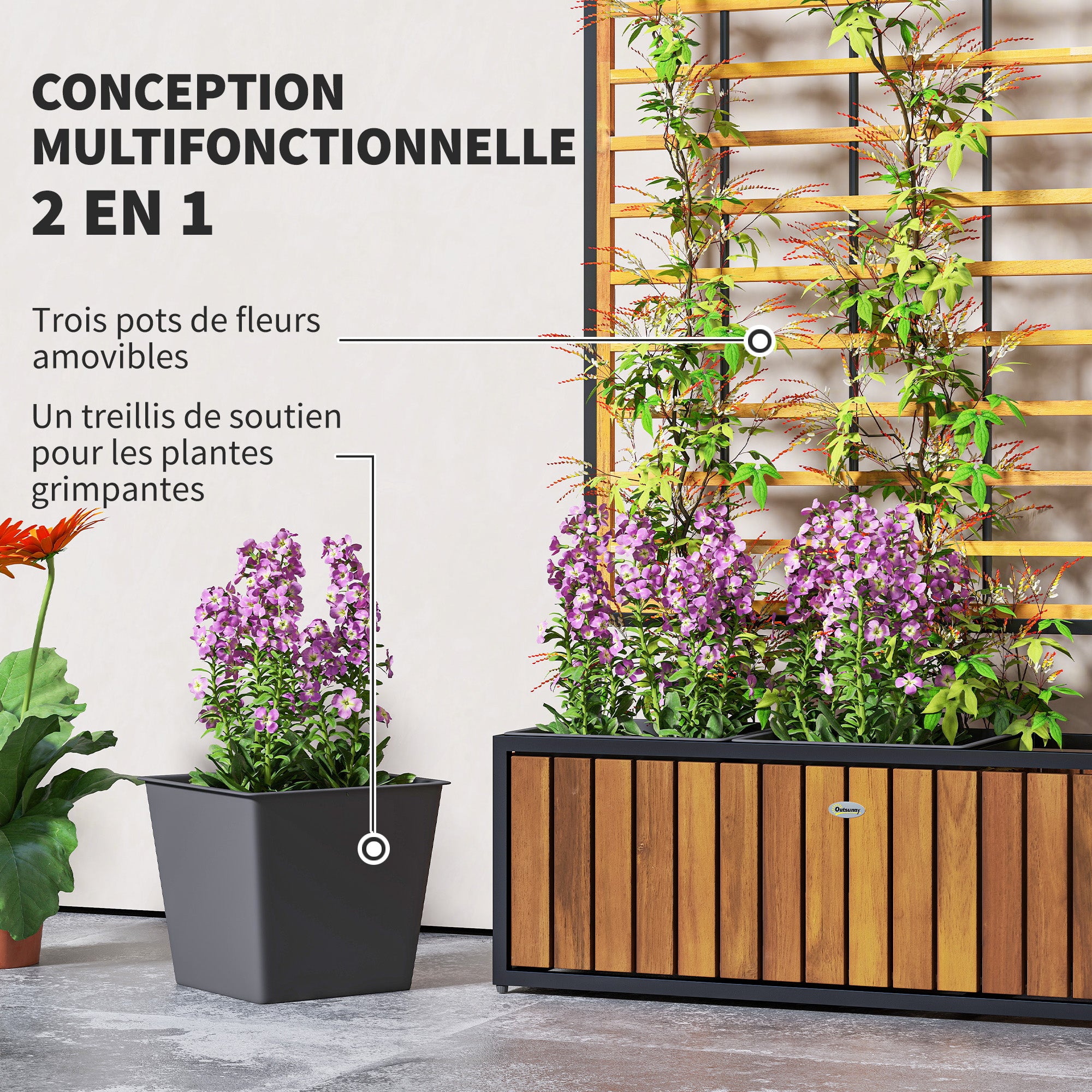 Planter with Trellis, Raised Garden Bed, Outdoor Flower Box with Drainage Holes, Teak Acacia Wood and Steel for Balcony Patio, 74 x 27 x 131 cm