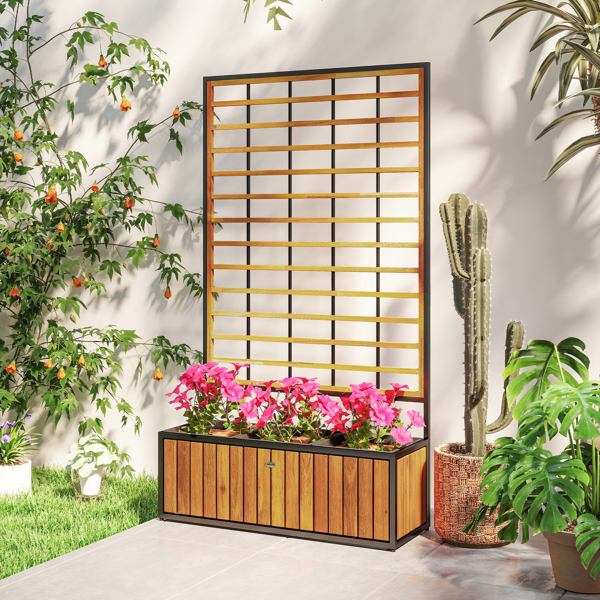 Planter with Trellis, Raised Garden Bed, Outdoor Flower Box with Drainage Holes, Teak Acacia Wood and Steel for Balcony Patio, 74 x 27 x 131 cm