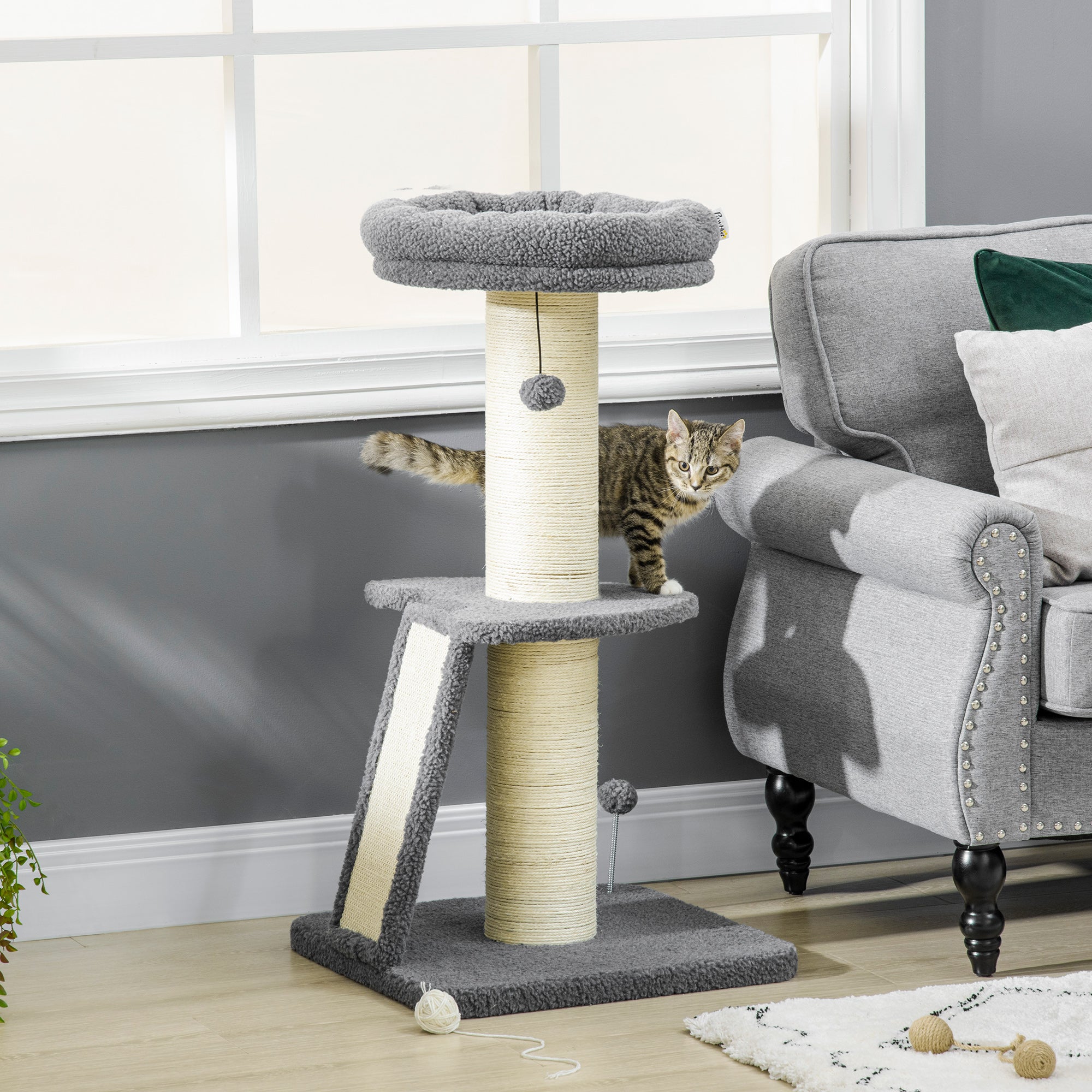 Cat Tree 92H cm Climbing Tree with Scratching Board and Playball Cat Toy Thick Sisal Column Cat Furniture with Ramp Faux Lambskin Dark Gray + Cream White