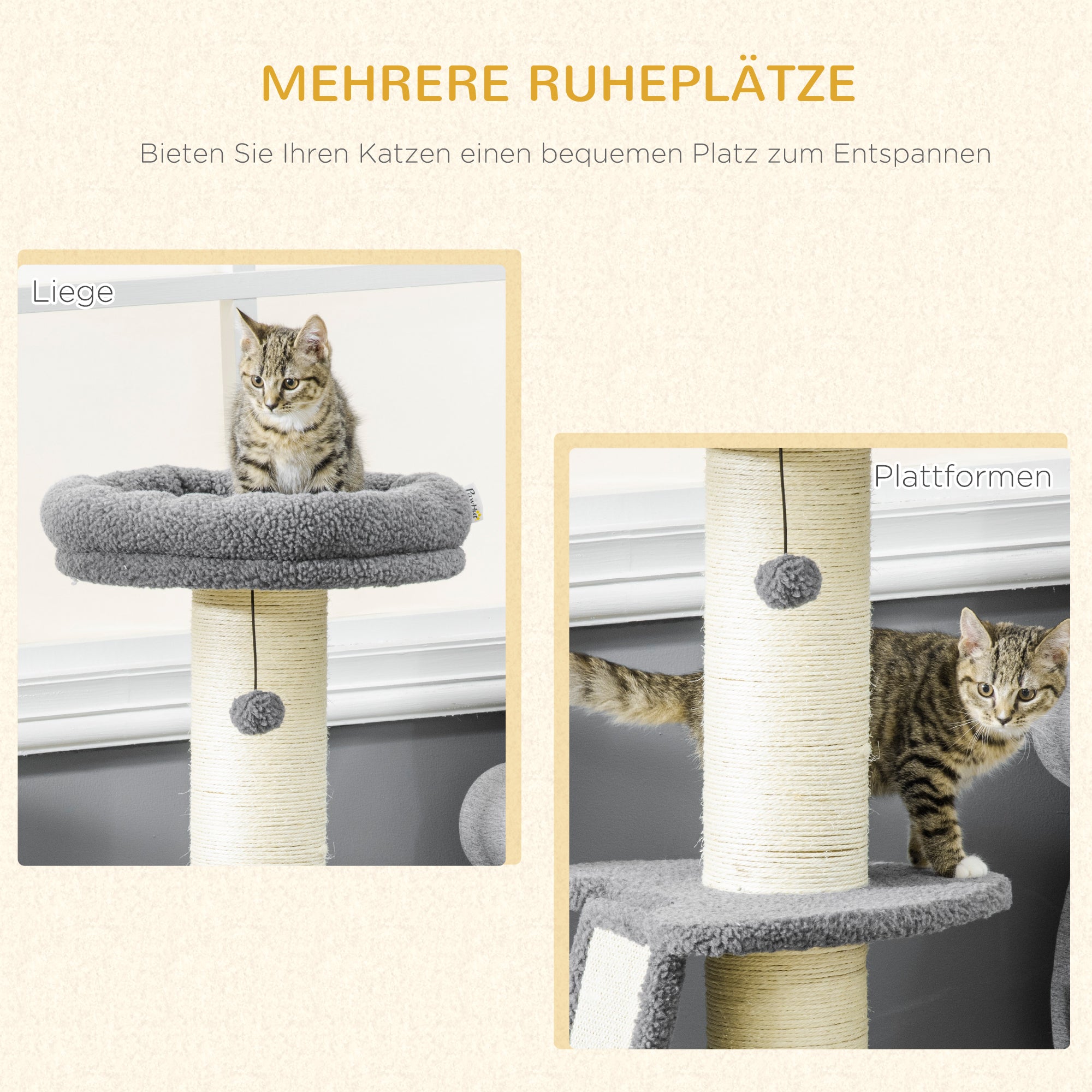 Cat Tree 92H cm Climbing Tree with Scratching Board and Playball Cat Toy Thick Sisal Column Cat Furniture with Ramp Faux Lambskin Dark Gray + Cream White