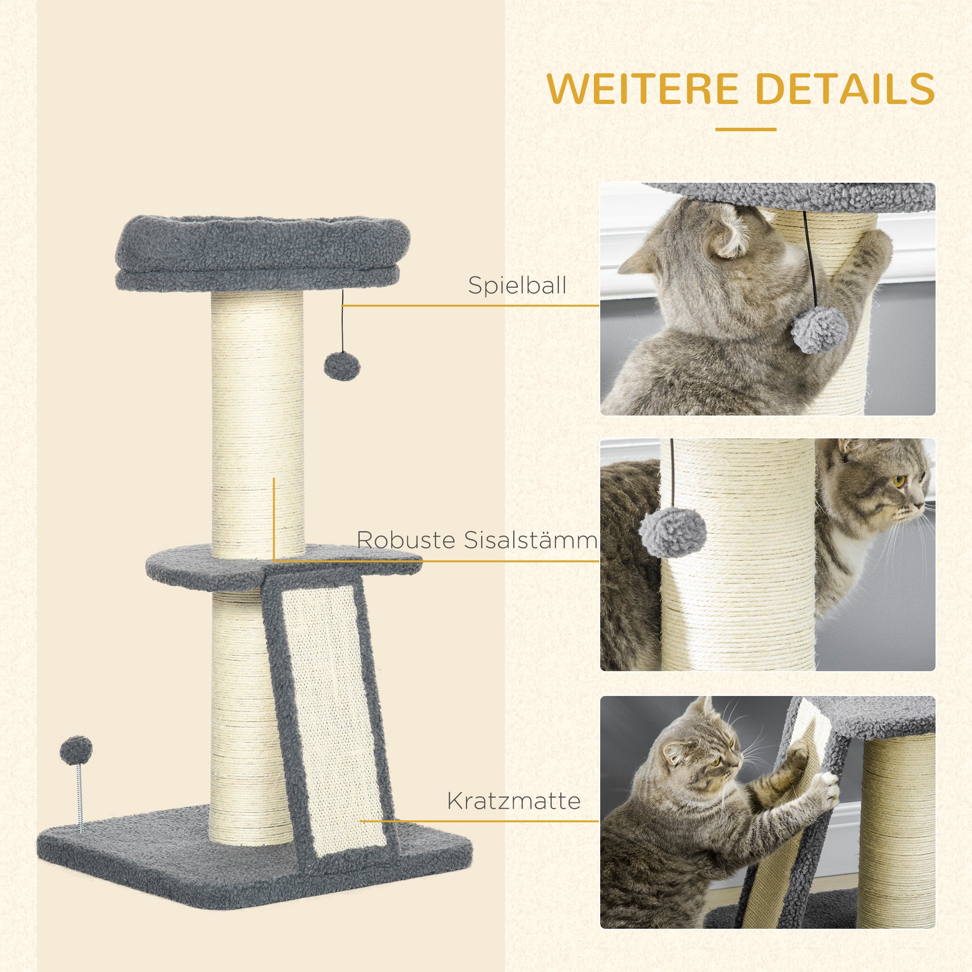 Cat Tree 92H cm Climbing Tree with Scratching Board and Playball Cat Toy Thick Sisal Column Cat Furniture with Ramp Faux Lambskin Dark Gray + Cream White