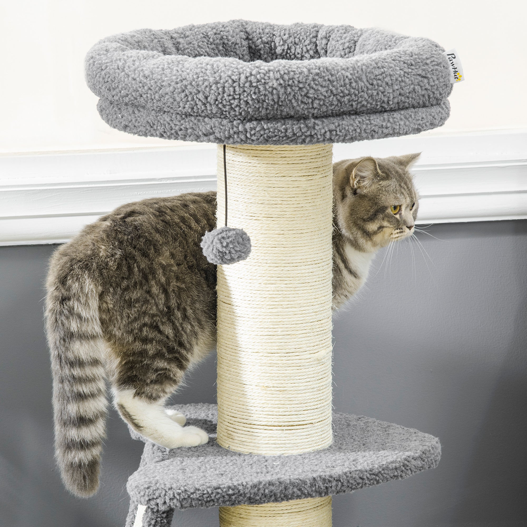Cat Tree 92H cm Climbing Tree with Scratching Board and Playball Cat Toy Thick Sisal Column Cat Furniture with Ramp Faux Lambskin Dark Gray + Cream White