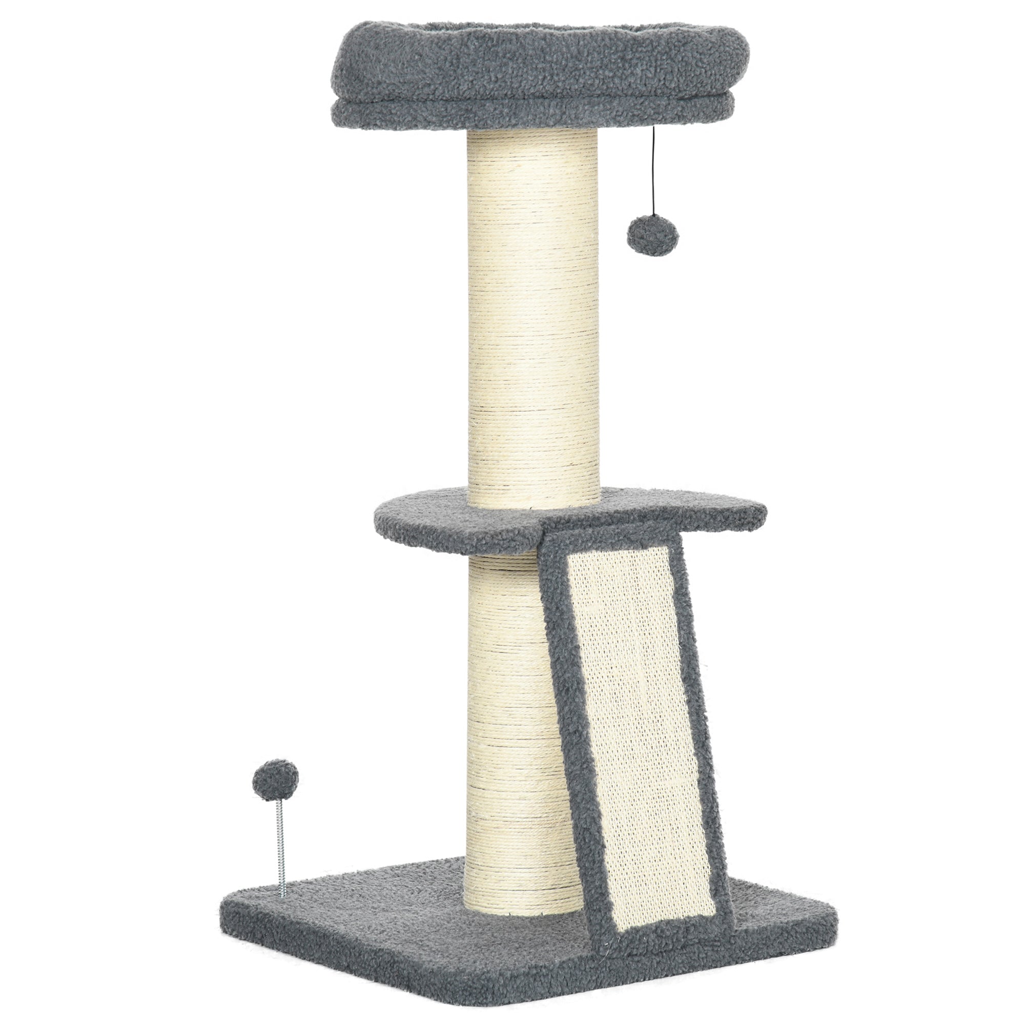 Cat Tree 92H cm Climbing Tree with Scratching Board and Playball Cat Toy Thick Sisal Column Cat Furniture with Ramp Faux Lambskin Dark Gray + Cream White