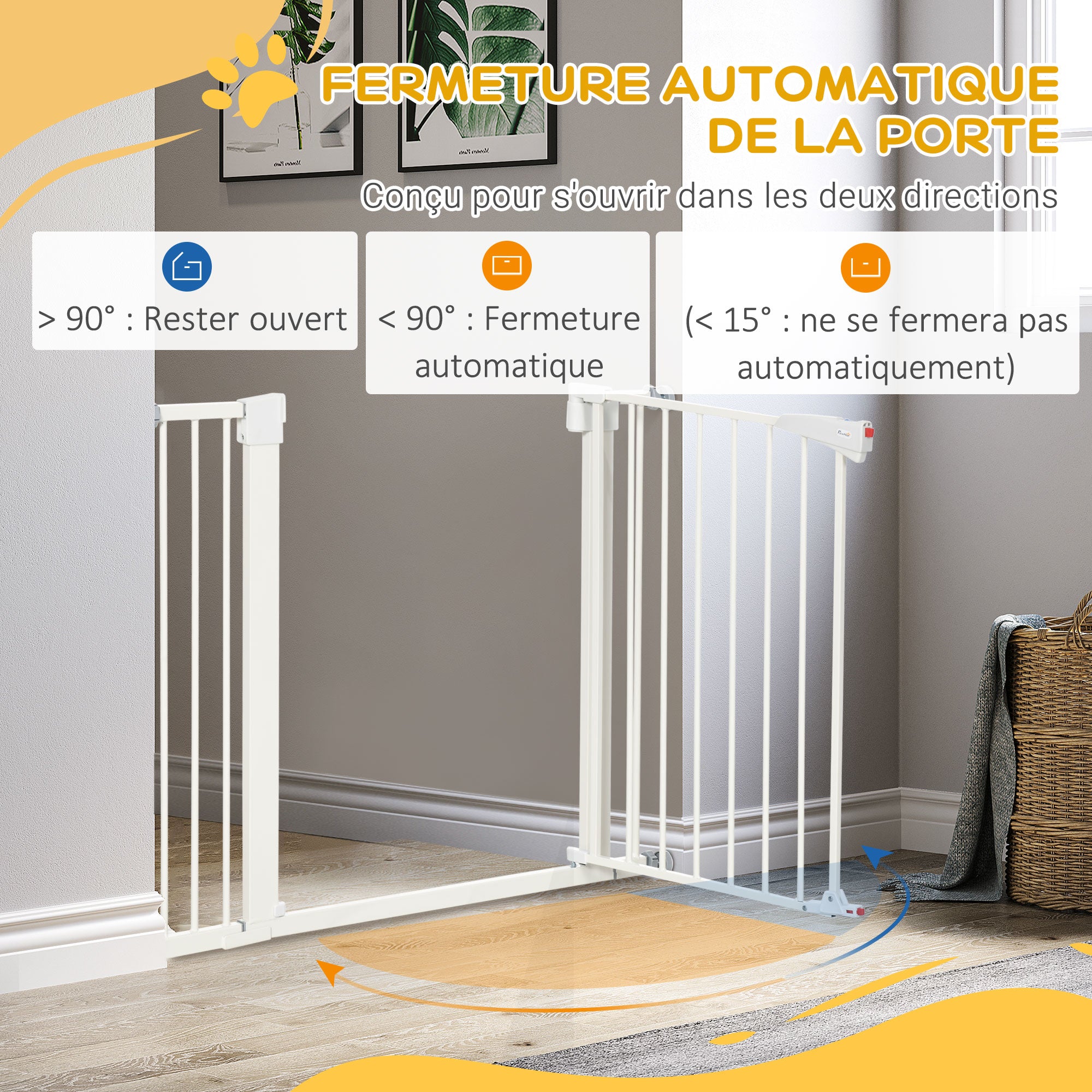 Safety Barrier for Dogs No Drill Pets with Automatic Closing Double Locking One-Hand Operation Width 76-103 cm Height 77 cm White