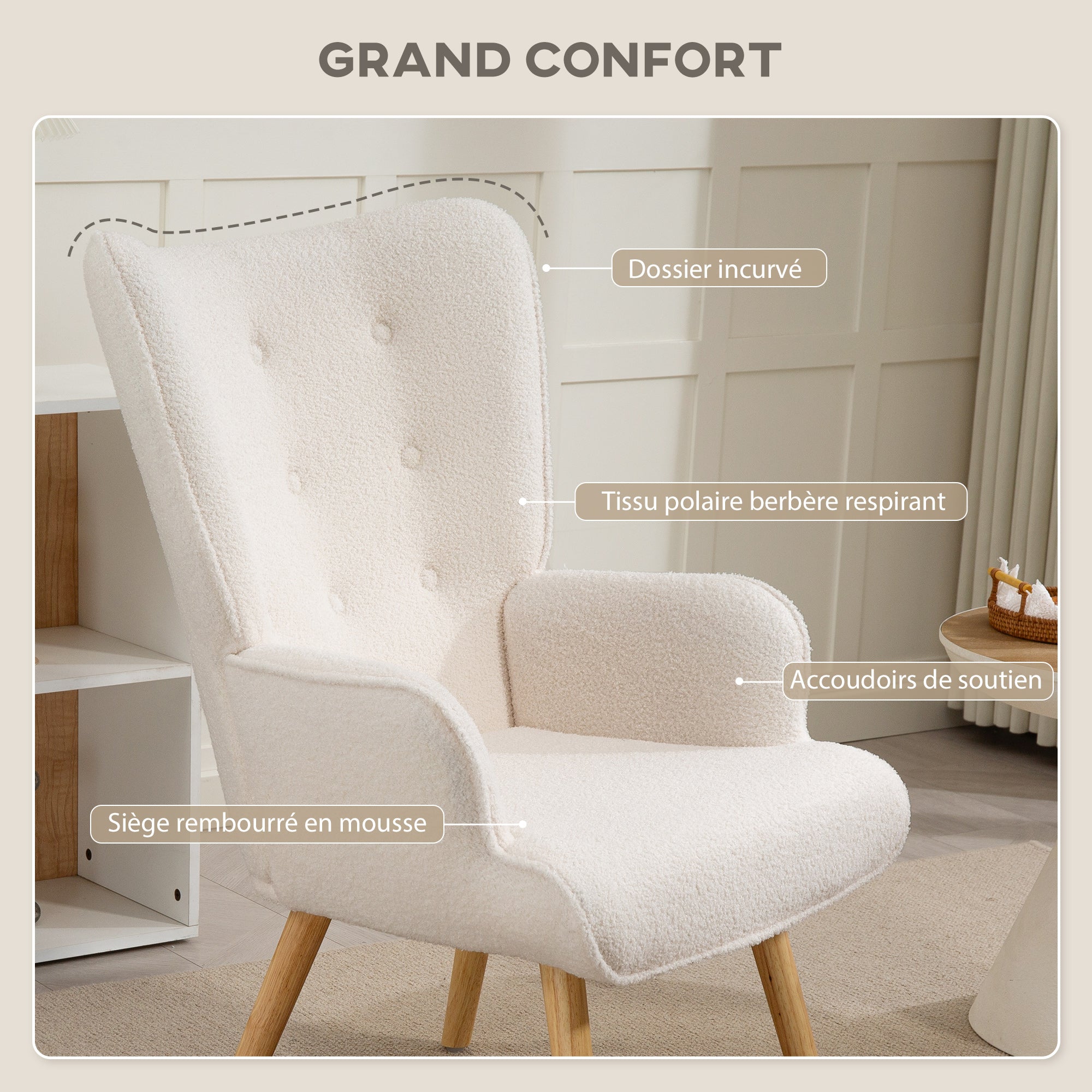 Boucle Fabric Lounge Chair, Modern Upholstered Armchair with Wooden Legs, Ergonomic Wingback and Button Tufted Design, for Dining Room, Living Room, Bedroom, Office, Beige