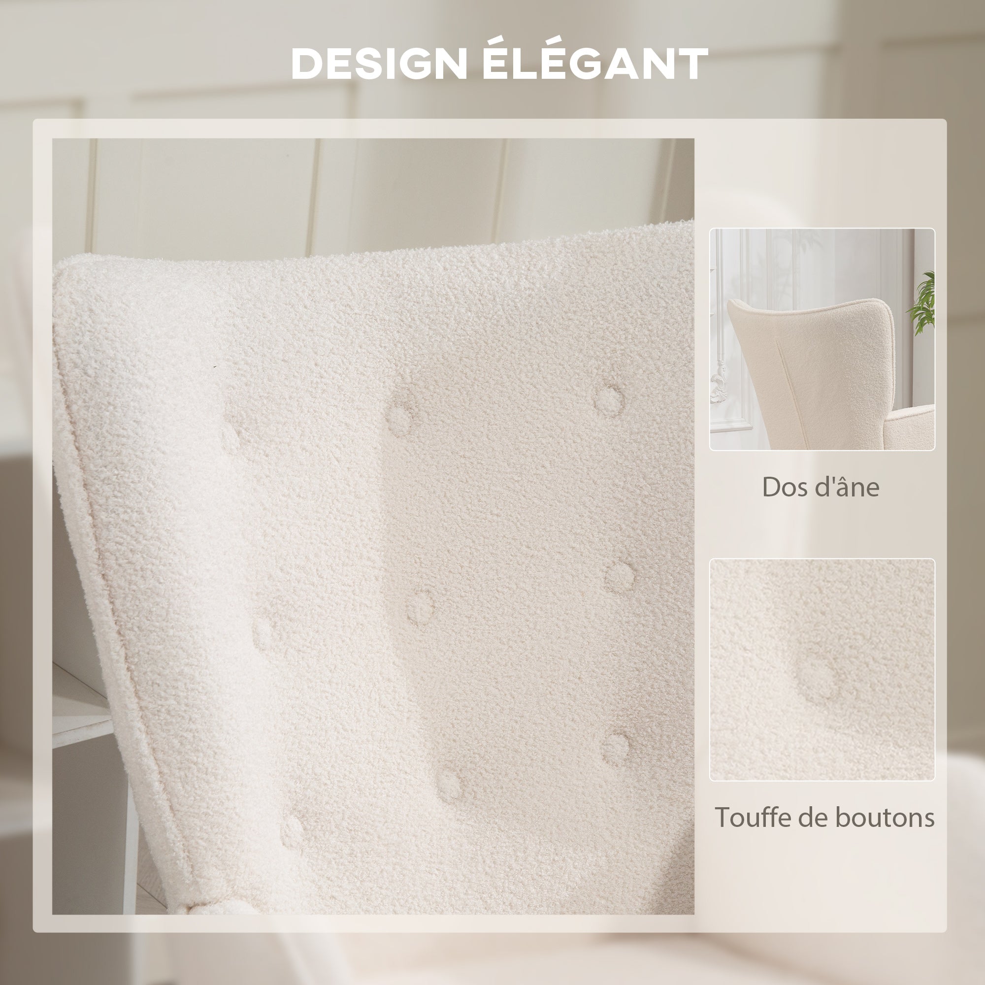 Boucle Fabric Lounge Chair, Modern Upholstered Armchair with Wooden Legs, Ergonomic Wingback and Button Tufted Design, for Dining Room, Living Room, Bedroom, Office, Beige