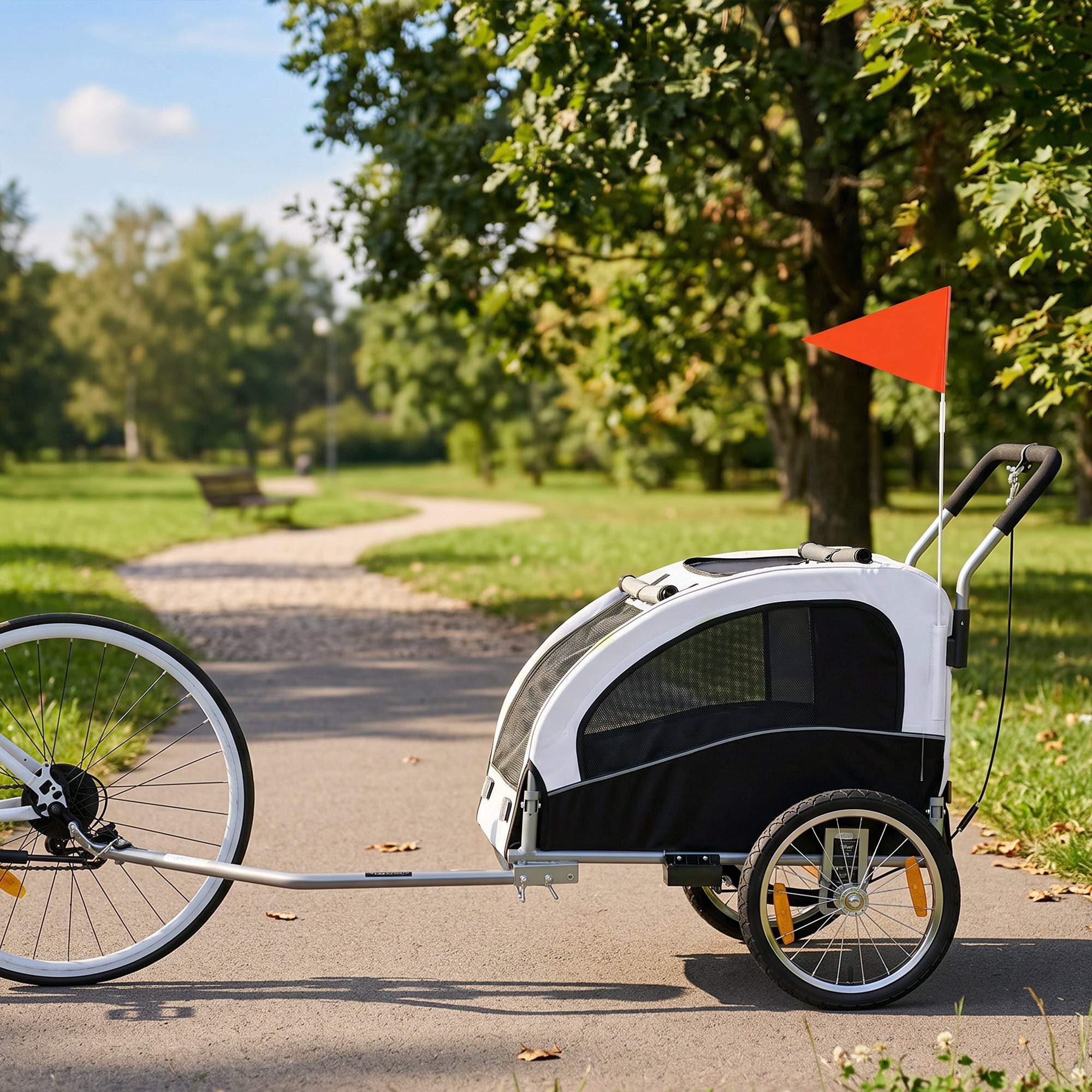2-in-1 Dog Bike Trailer & Jogger for Small to Medium Dogs up to 44 lb — Foldable, 600D Oxford, Reflectors, Handbrake, Universal Coupling, White