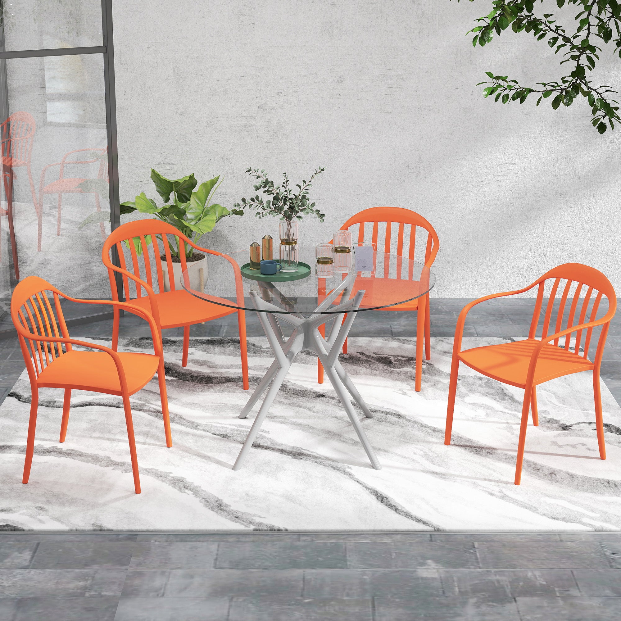 Garden Chair Set of 4 Weatherproof Plastic Garden Chairs with Armrests Backrest Stackable Patio Chair Holds up to 120 kg Load for Backyard, Garden, Balcony Red