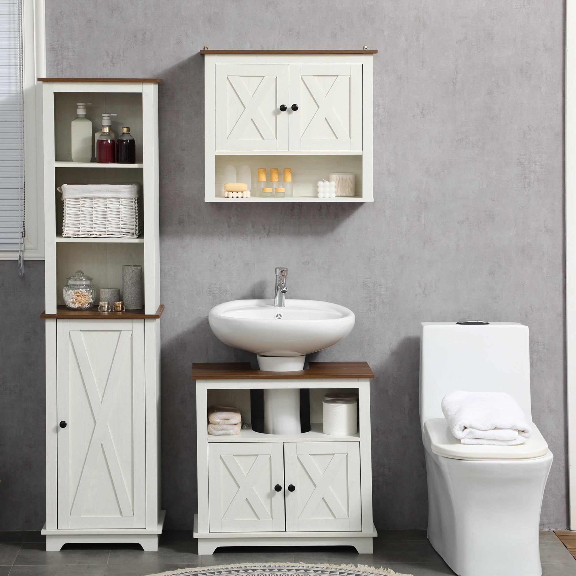 Bathroom Tall Cabinet Bathroom Column Storage Cabinet with 3 Compartments Door and Adjustable Shelf 39.5x30x160 cm White