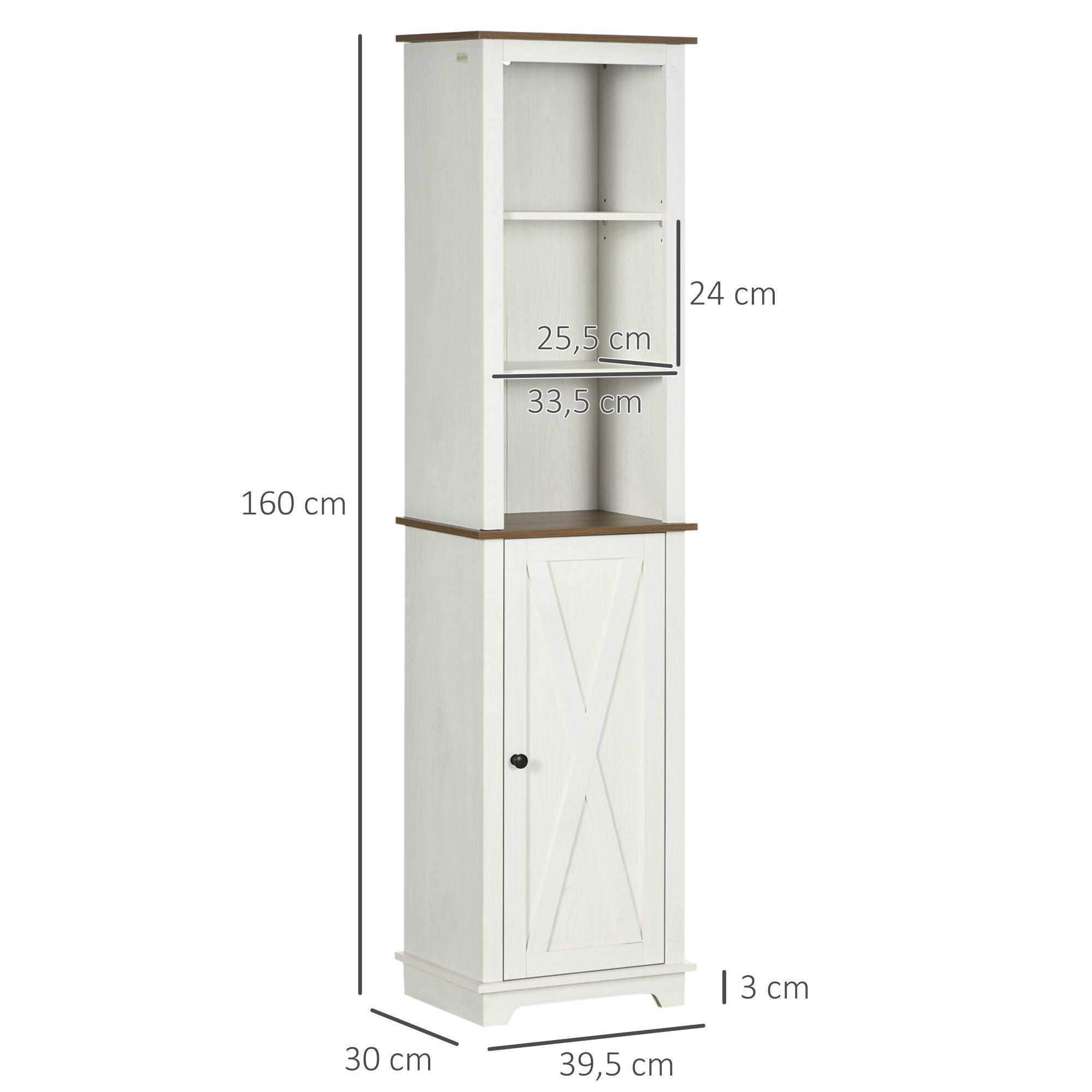 Bathroom Tall Cabinet Bathroom Column Storage Cabinet with 3 Compartments Door and Adjustable Shelf 39.5x30x160 cm White