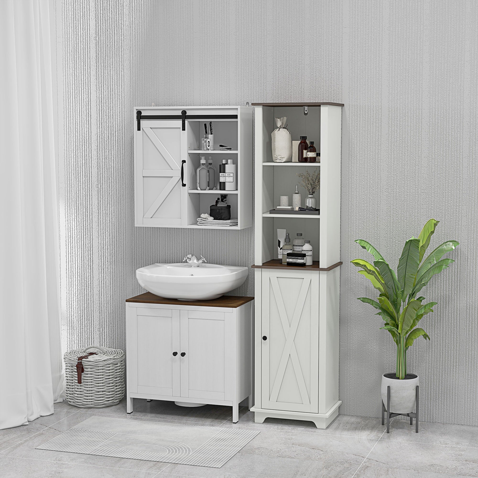 Bathroom Tall Cabinet Bathroom Column Storage Cabinet with 3 Compartments Door and Adjustable Shelf 39.5x30x160 cm White