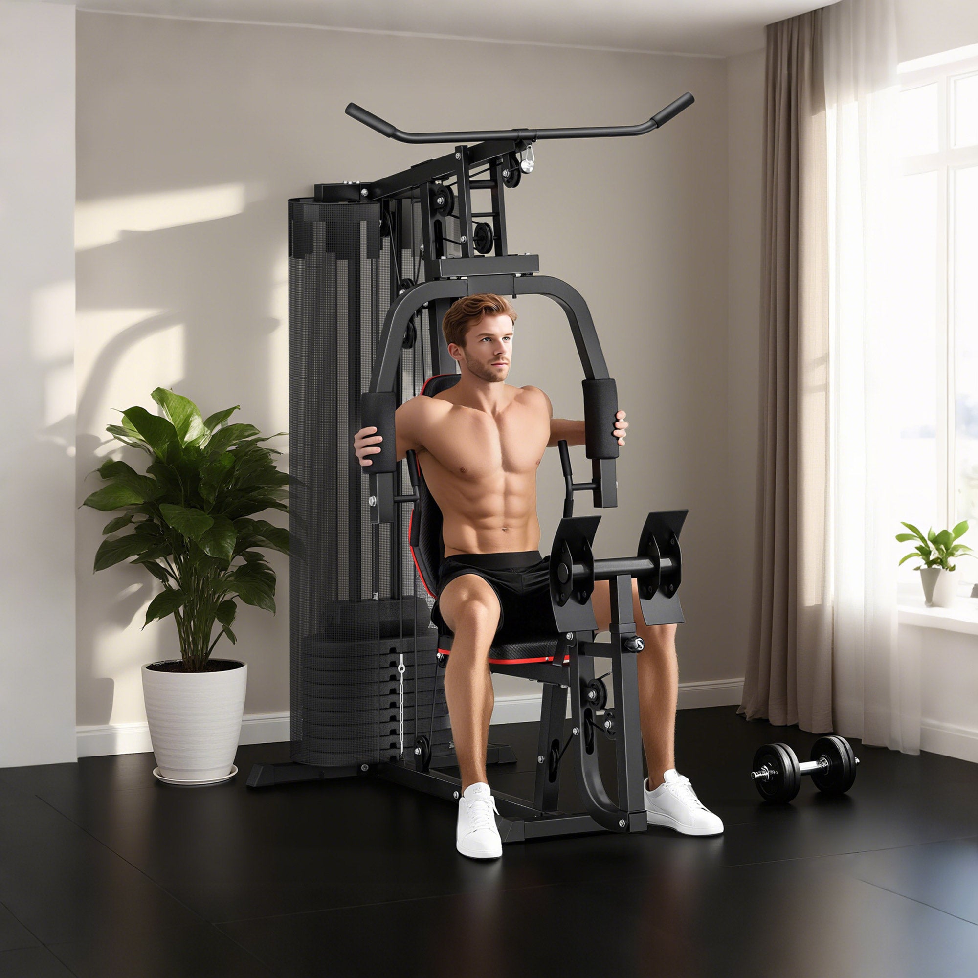 SPORTNOW Power Station, Multifunctional Fitness Station with Lat Pulldown & Butterfly Bar, Leg Press, Fitness Equipment with 45 kg Weight Blocks for Home, Black
