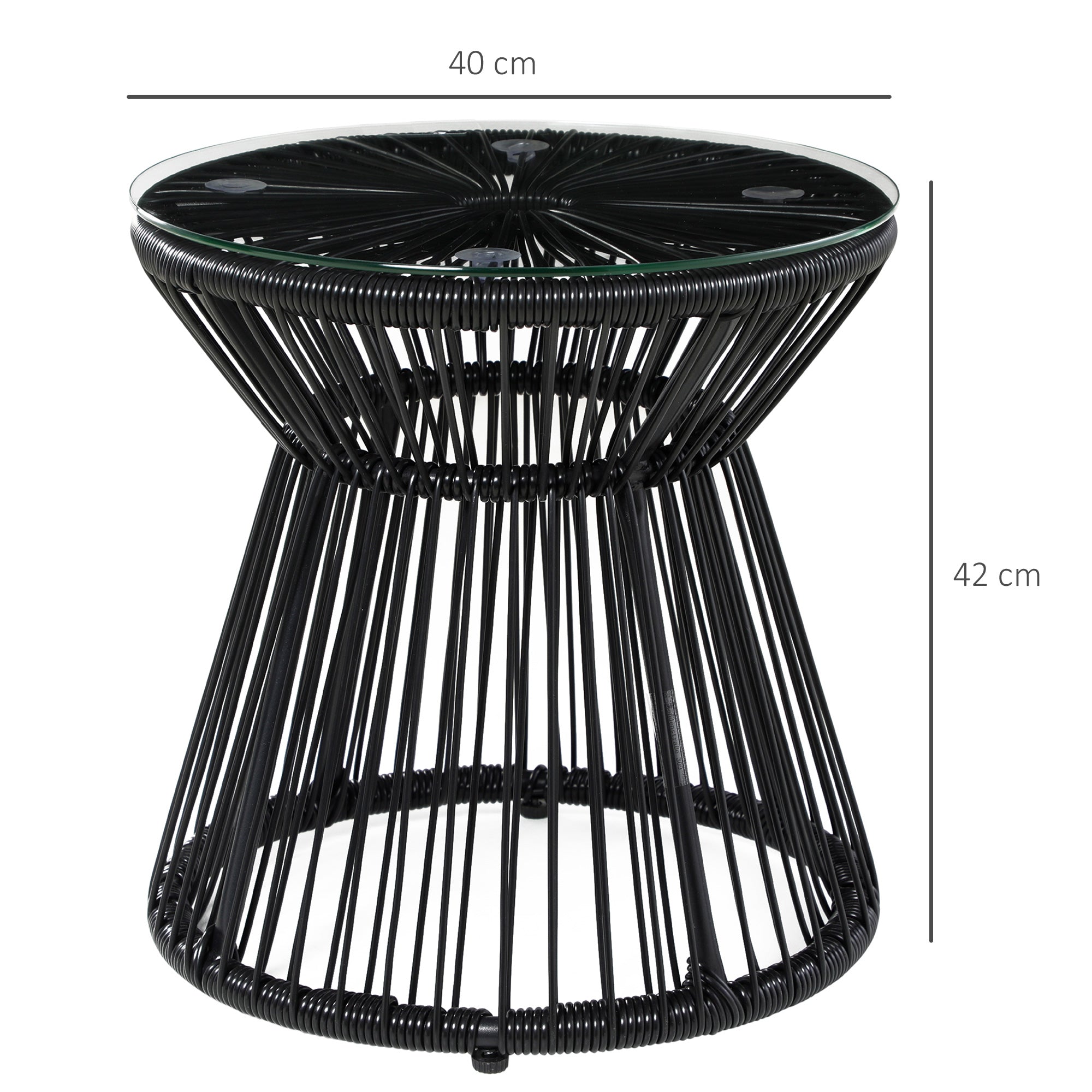 Side Table made of PE Rattan round Coffee Table with Glass Tabletop Tray Garden Table, Hollow Drum design, Outdoor Furniture Coffee Table End Table for Garden Patio Balcony, 40x40x42cm, Black