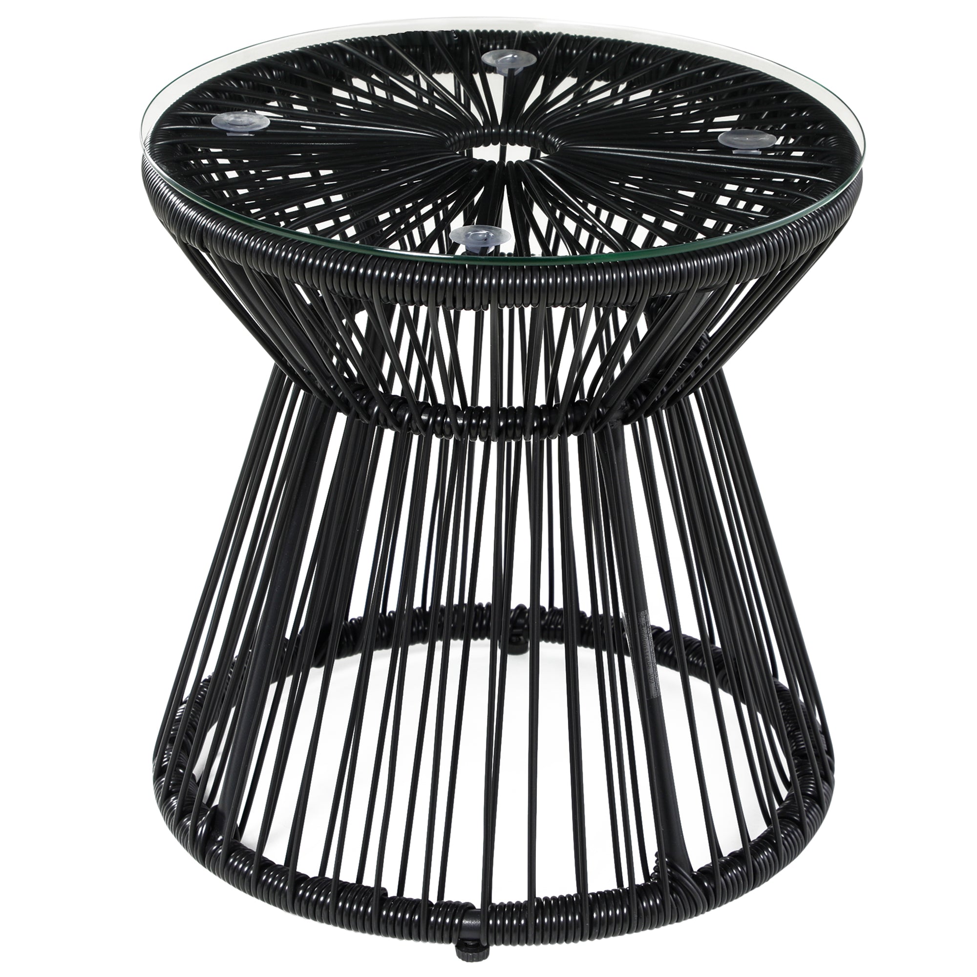 Side Table made of PE Rattan round Coffee Table with Glass Tabletop Tray Garden Table, Hollow Drum design, Outdoor Furniture Coffee Table End Table for Garden Patio Balcony, 40x40x42cm, Black