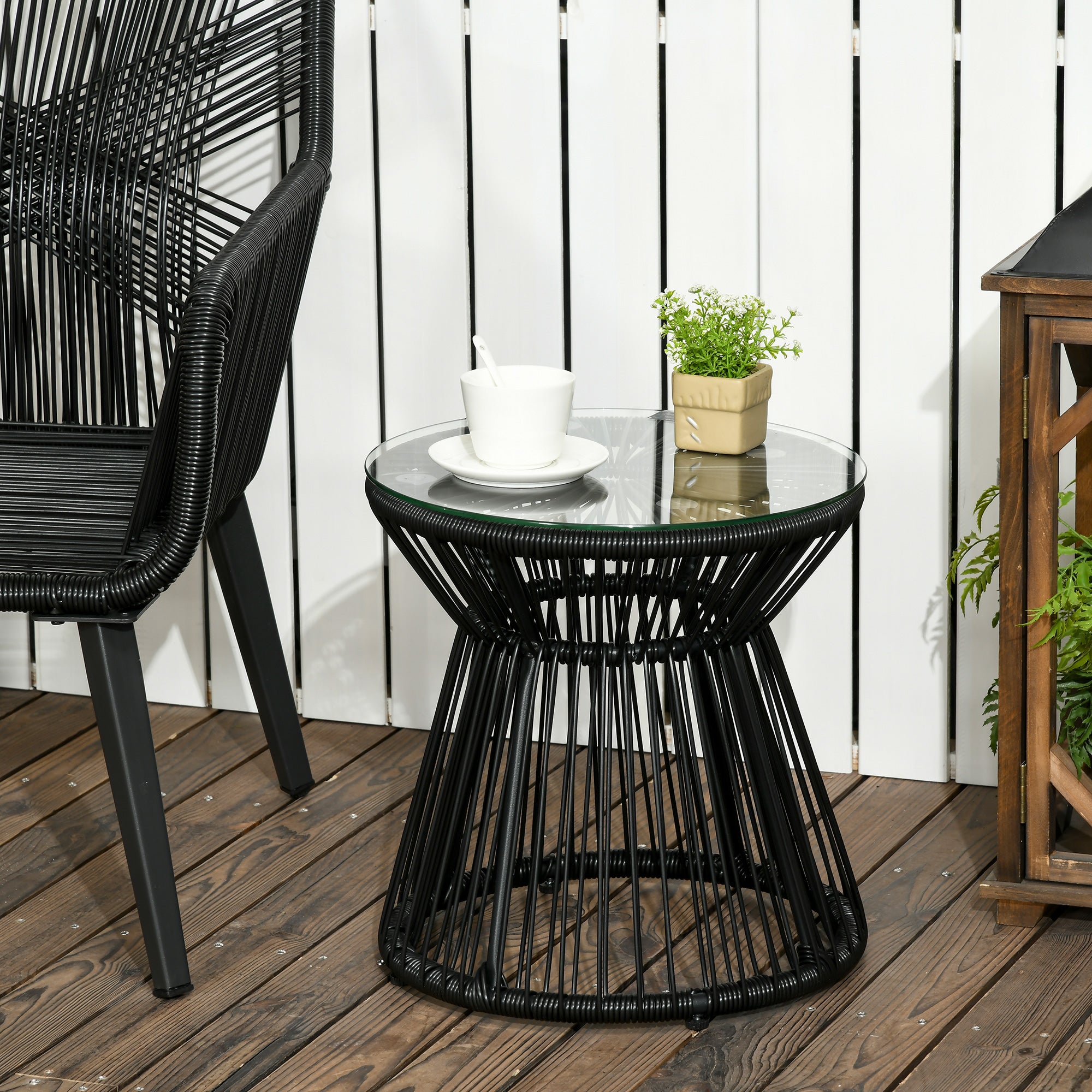 Side Table made of PE Rattan round Coffee Table with Glass Tabletop Tray Garden Table, Hollow Drum design, Outdoor Furniture Coffee Table End Table for Garden Patio Balcony, 40x40x42cm, Black