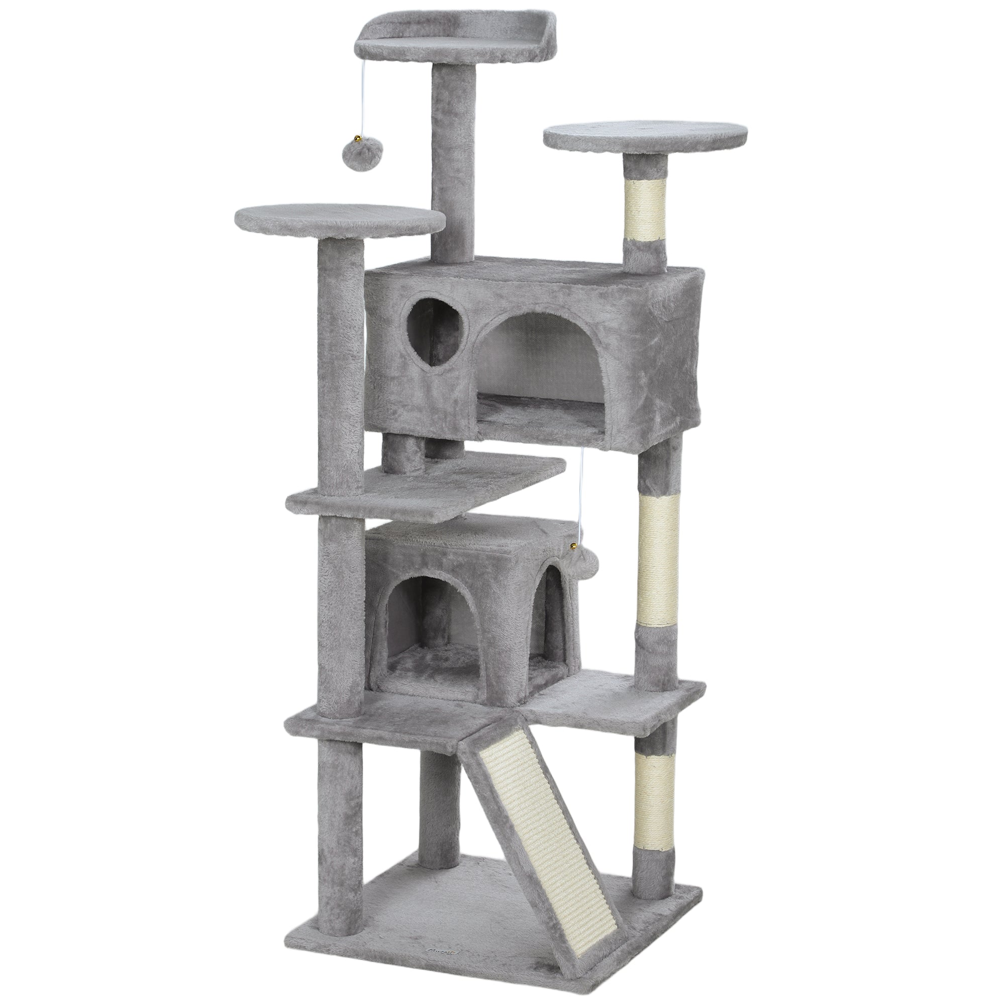 Cat Scratching Post Height 54.33 inches Cat Tree Climbing Tower with Sisal Scratching Posts Platforms Caves Hanging Balls and Hammocks Light Gray
