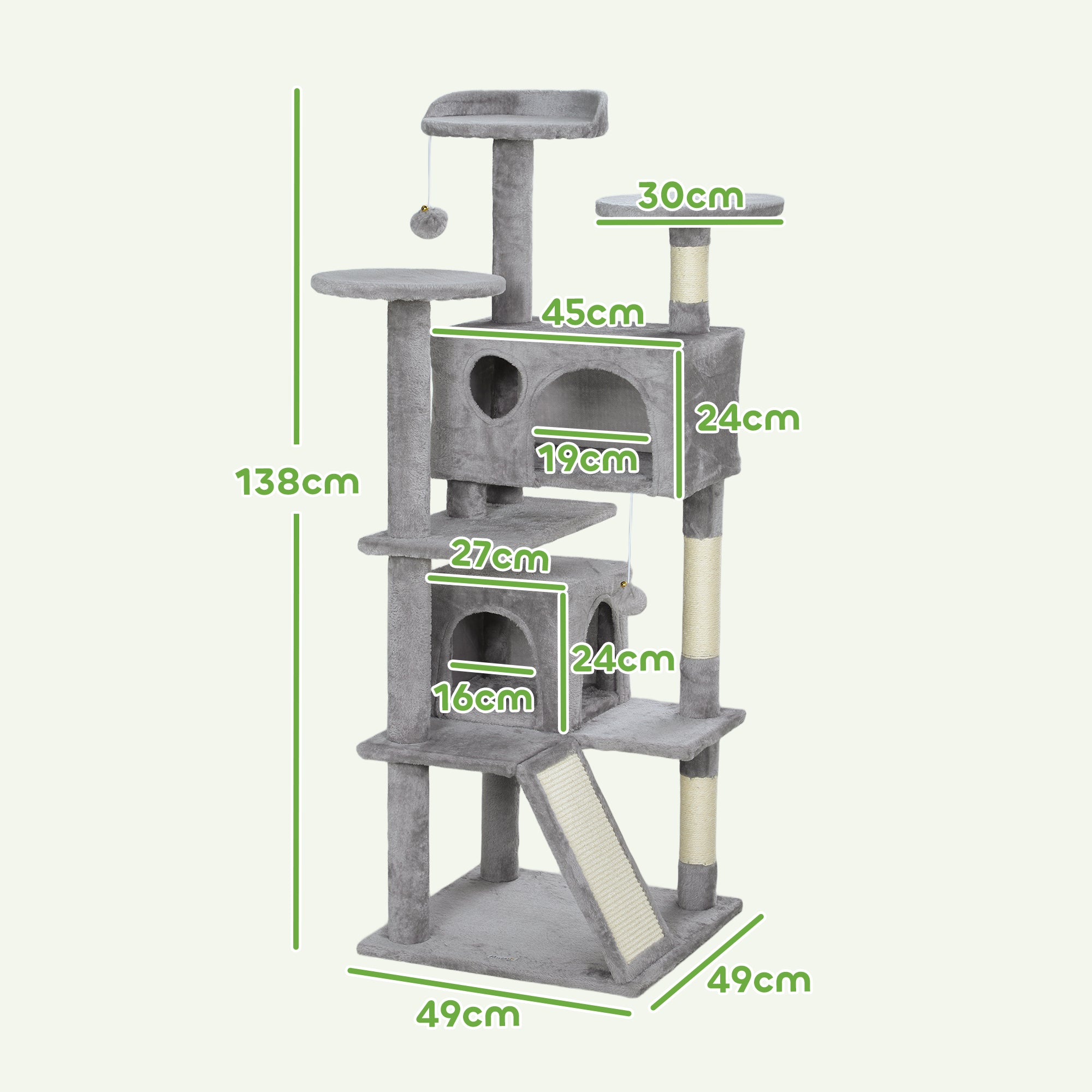 Cat Scratching Post Height 54.33 inches Cat Tree Climbing Tower with Sisal Scratching Posts Platforms Caves Hanging Balls and Hammocks Light Gray