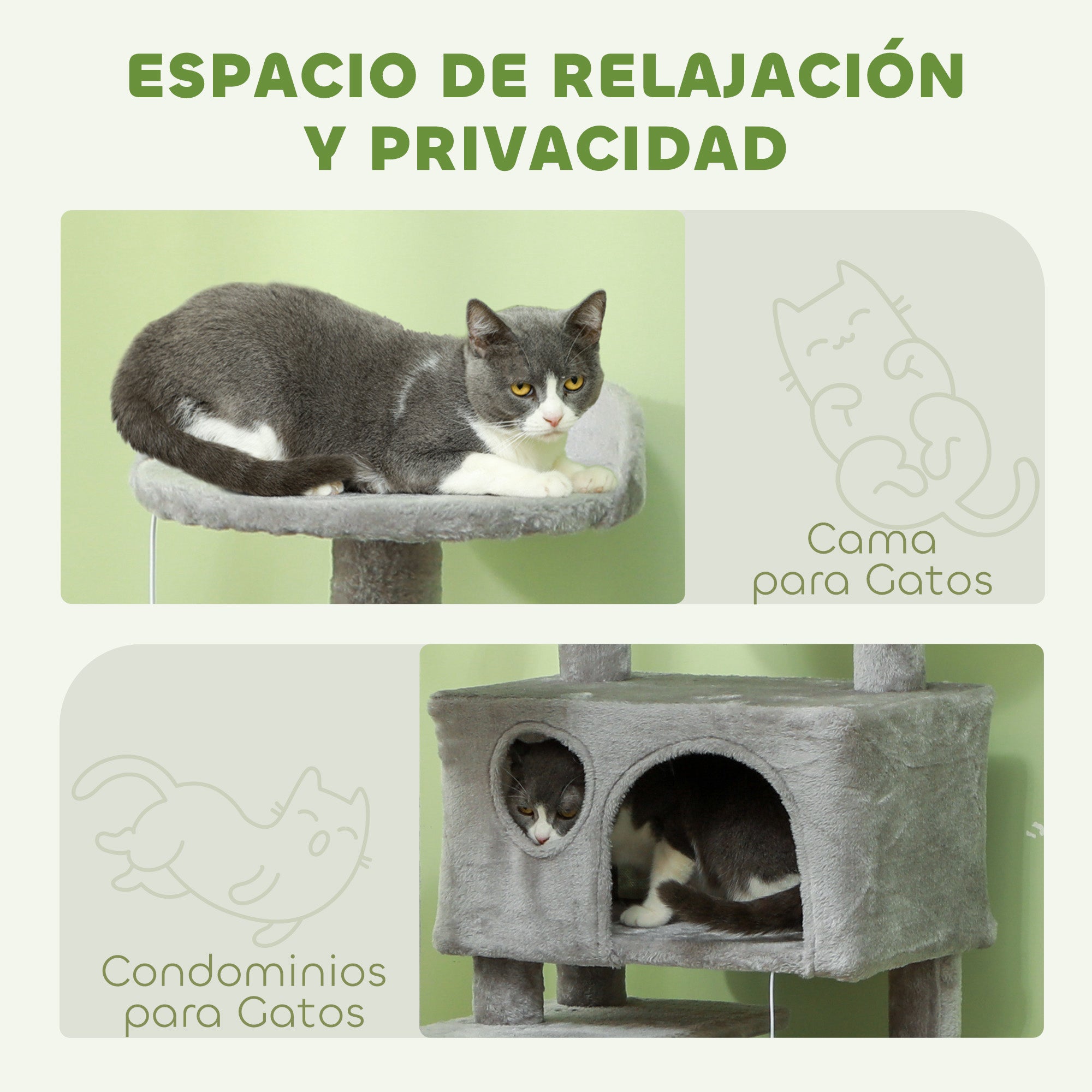 Cat Scratching Post Height 54.33 inches Cat Tree Climbing Tower with Sisal Scratching Posts Platforms Caves Hanging Balls and Hammocks Light Gray
