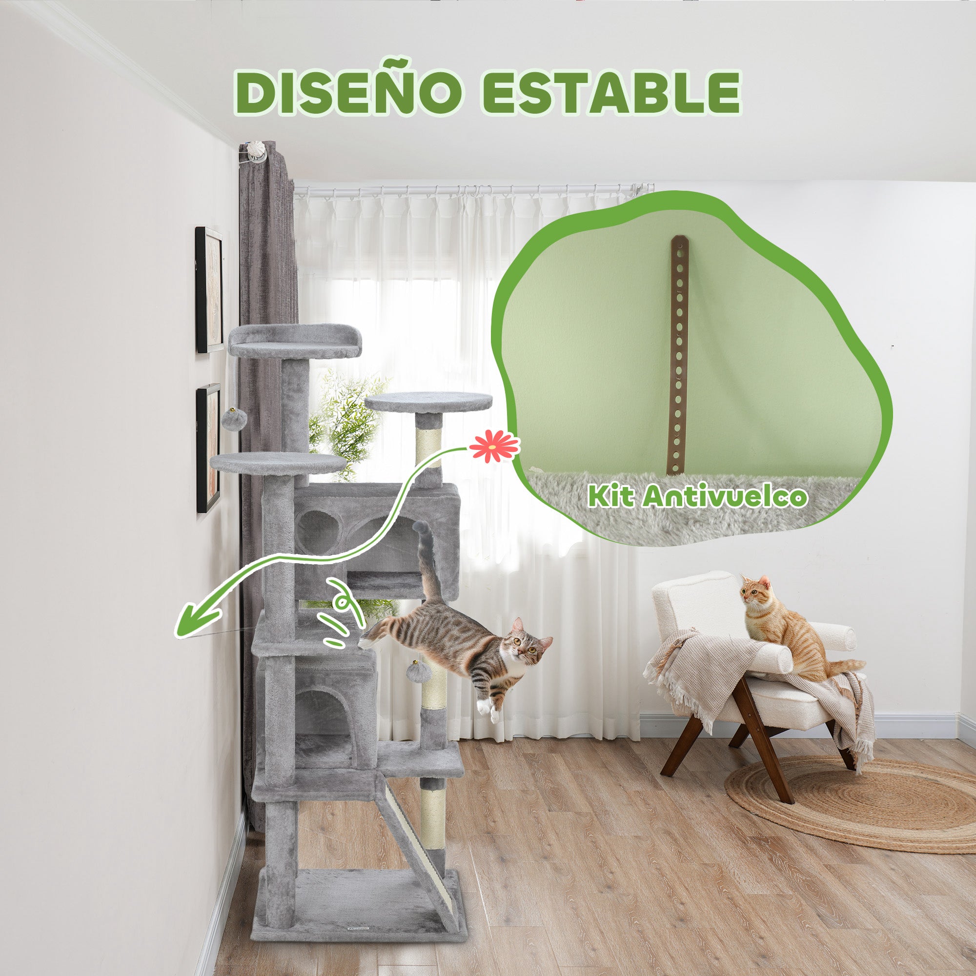 Cat Scratching Post Height 54.33 inches Cat Tree Climbing Tower with Sisal Scratching Posts Platforms Caves Hanging Balls and Hammocks Light Gray