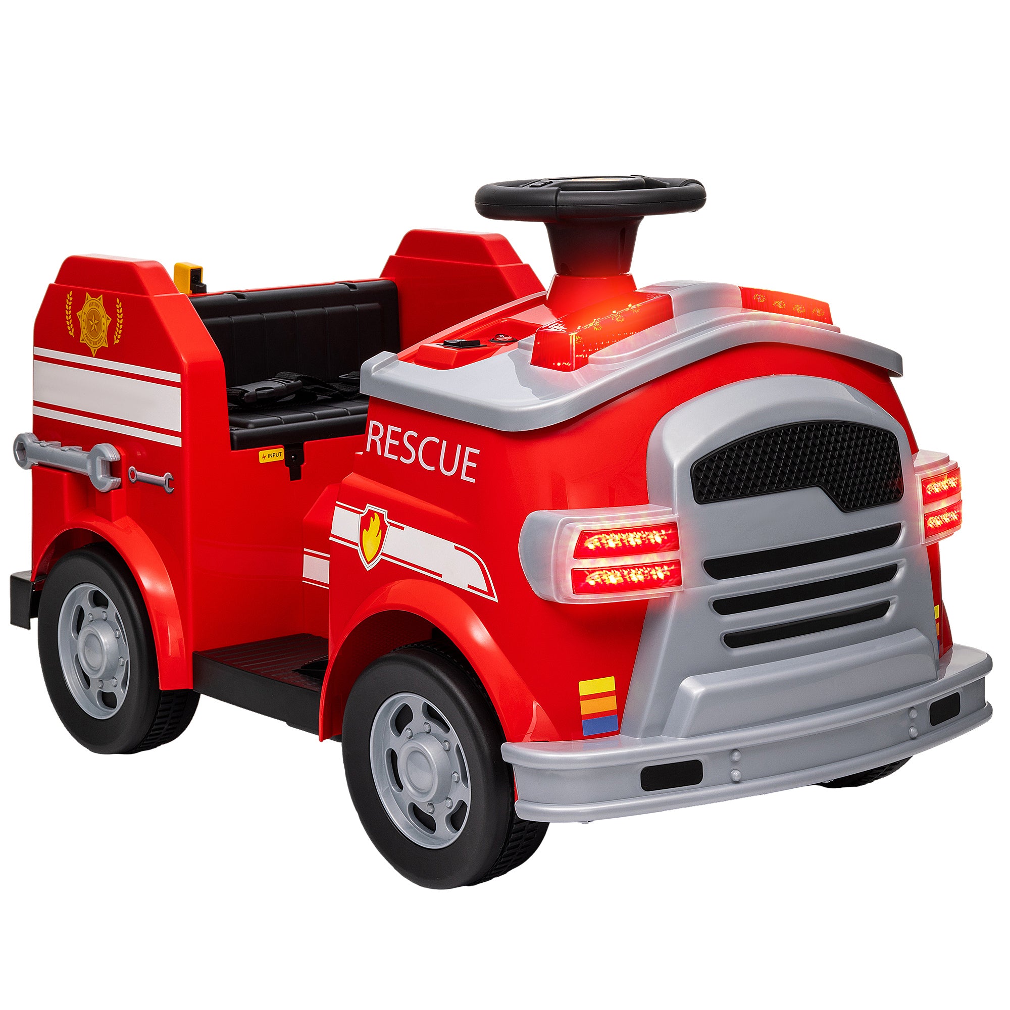 Kids Electric Car 6V Child Car with Music, Horn, Electric Vehicle with Headlights, Gentle Start, Children's Fire Truck 3 km/h, for 3-5 Years Kids, Red
