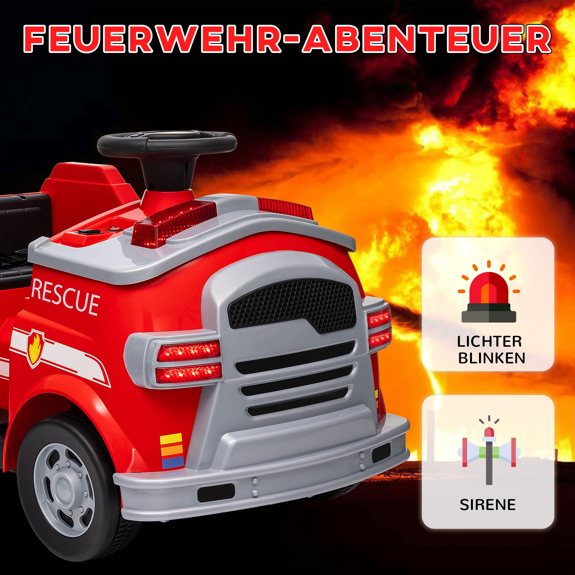 Kids Electric Car 6V Child Car with Music, Horn, Electric Vehicle with Headlights, Gentle Start, Children's Fire Truck 3 km/h, for 3-5 Years Kids, Red