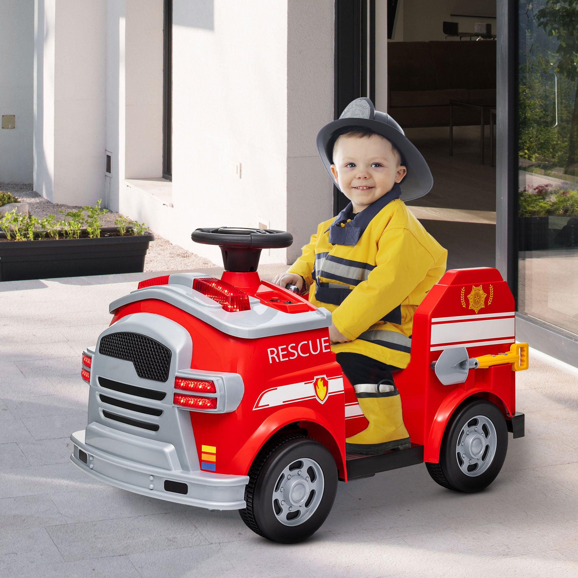 Kids Electric Car 6V Child Car with Music, Horn, Electric Vehicle with Headlights, Gentle Start, Children's Fire Truck 3 km/h, for 3-5 Years Kids, Red