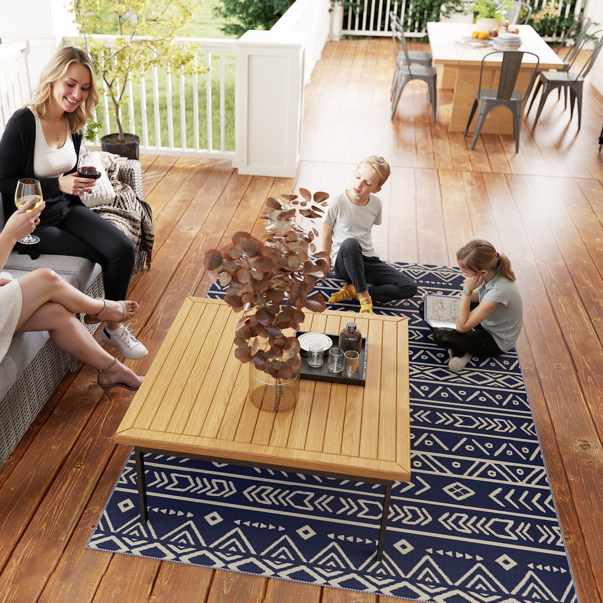 Outdoor Carpet Robust Weather-Resistant Outdoor Rug, Carpet with Boho Style, Outdoor Rug for Living Room Balcony Garden Terrace Bathroom Hall Kitchen, 182 x 274 cm Blue+White