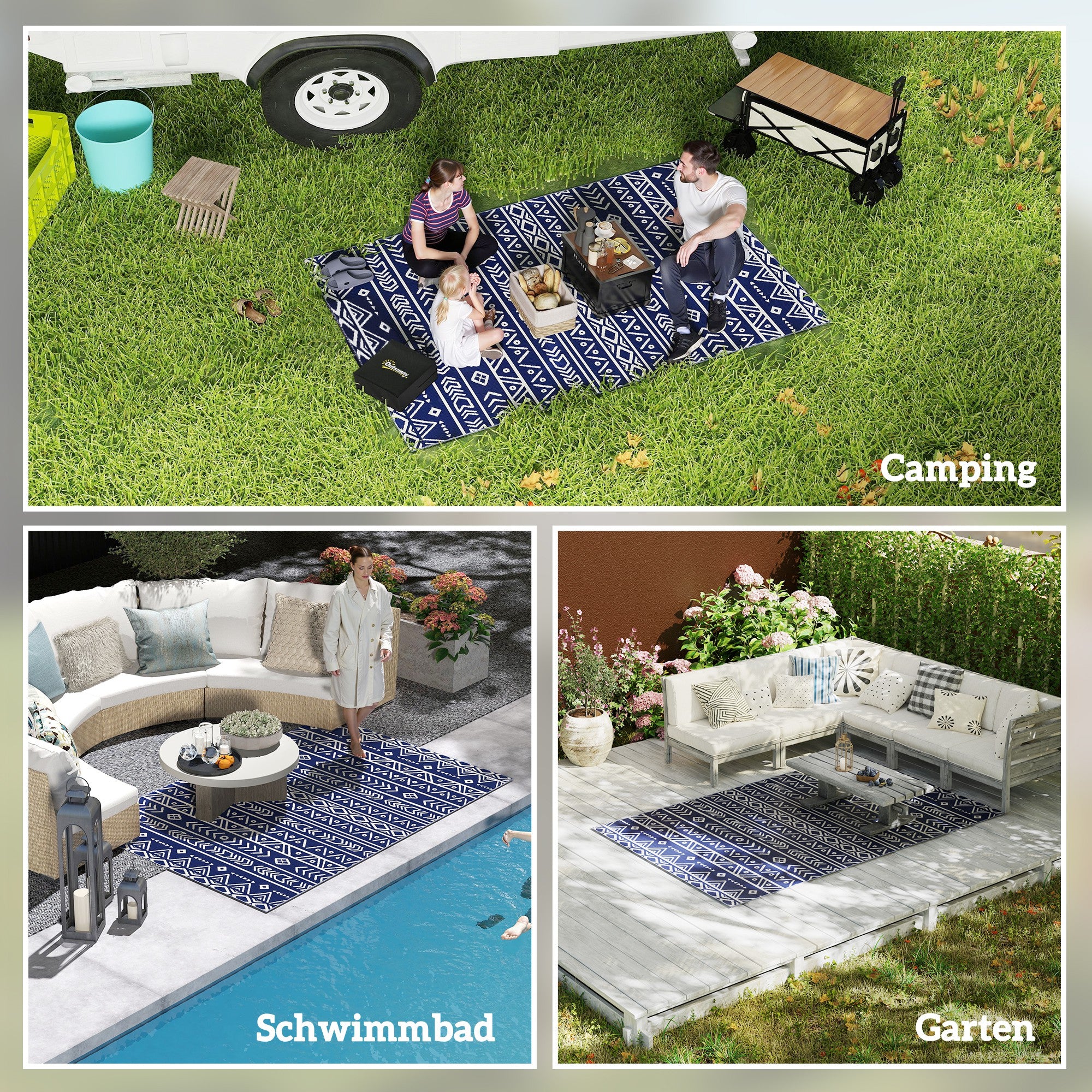 Outdoor Carpet Robust Weather-Resistant Outdoor Rug, Carpet with Boho Style, Outdoor Rug for Living Room Balcony Garden Terrace Bathroom Hall Kitchen, 182 x 274 cm Blue+White