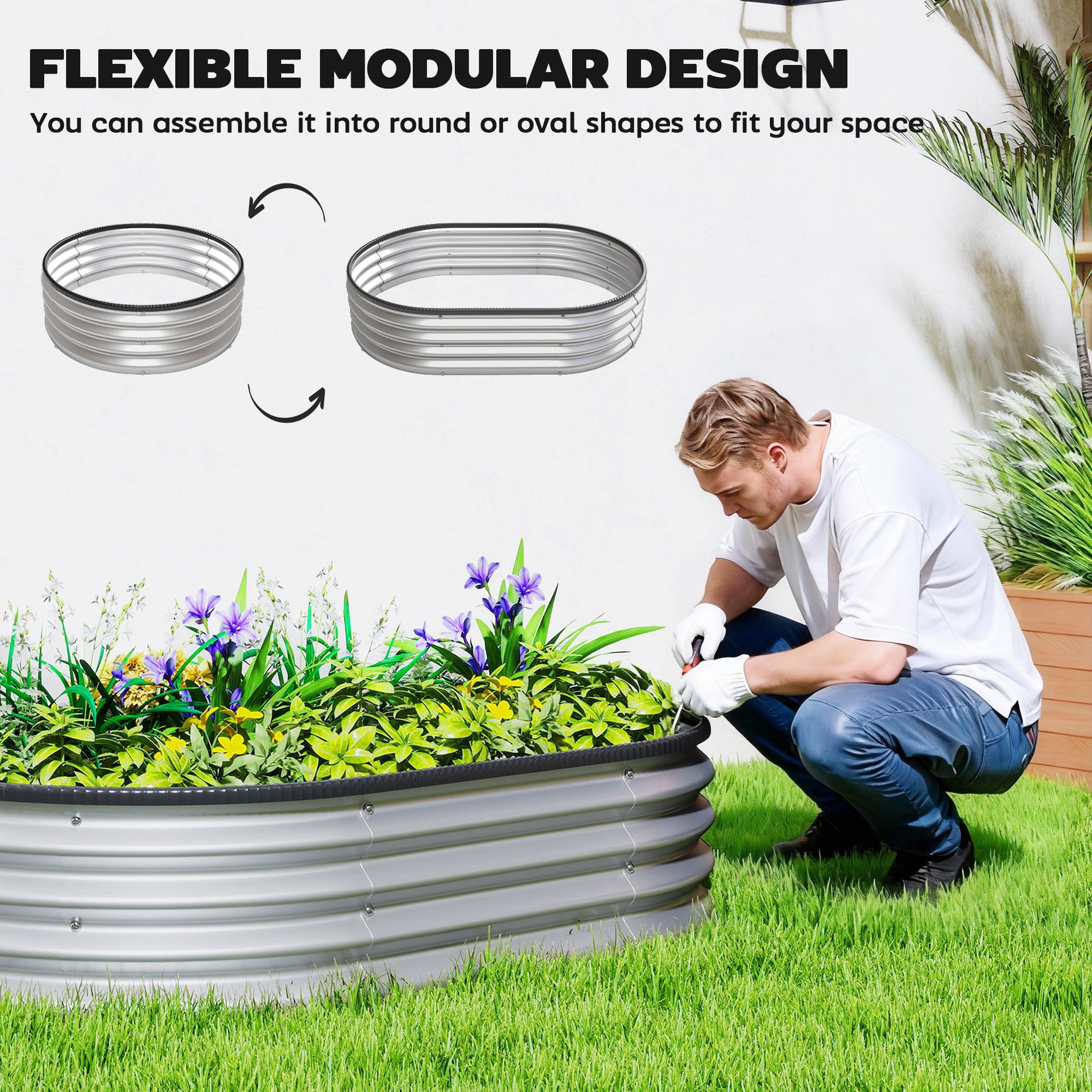Metal Raised Beds Set of 2, 53.1 x 35.4 x 11.8 in — Oval Open-Bottom Planters with Rubber Safety Rim, Gloves Included, Modular Garden Planter for Vegetables, Fruits, Flowers, Herbs, Silver