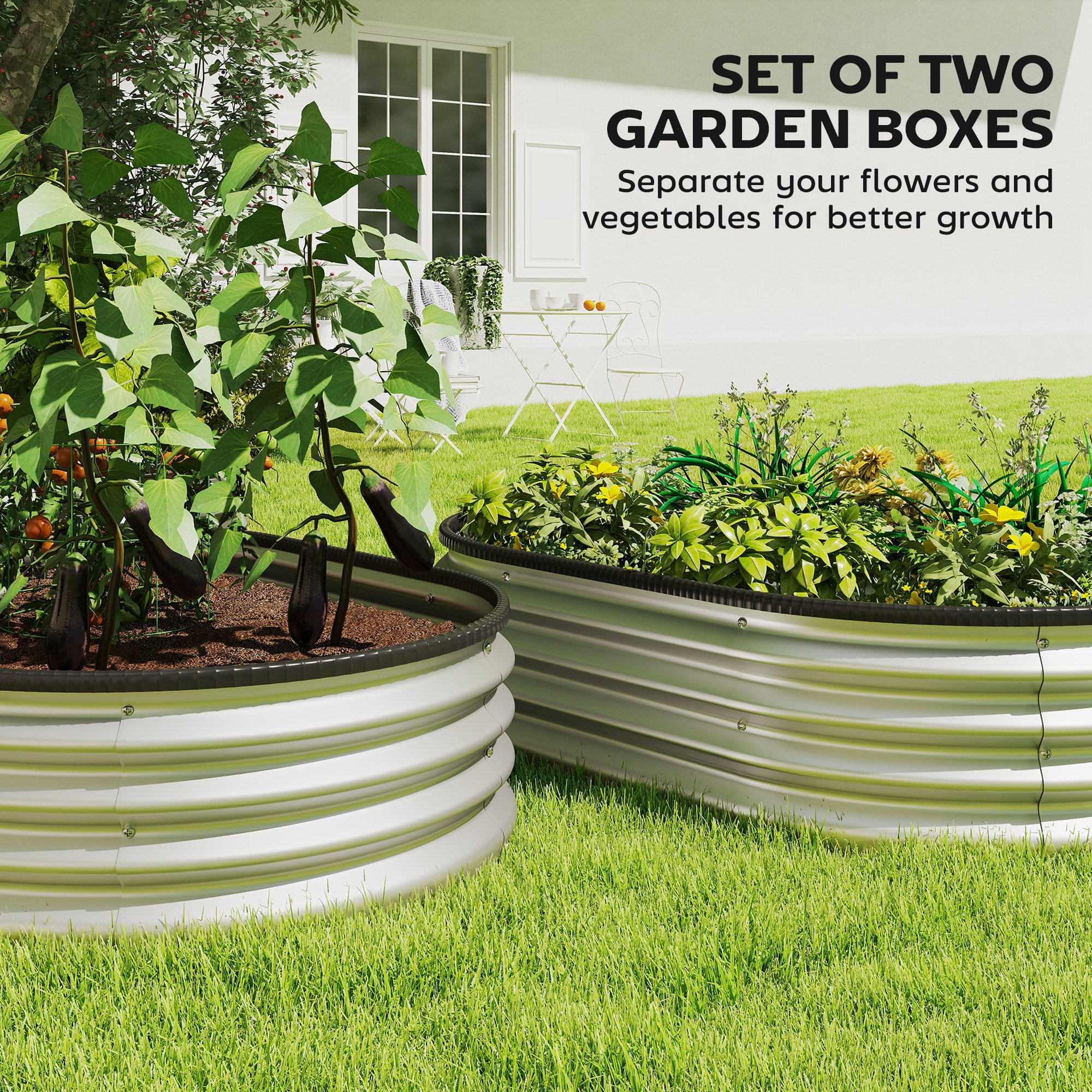 Metal Raised Beds Set of 2, 53.1 x 35.4 x 11.8 in — Oval Open-Bottom Planters with Rubber Safety Rim, Gloves Included, Modular Garden Planter for Vegetables, Fruits, Flowers, Herbs, Silver